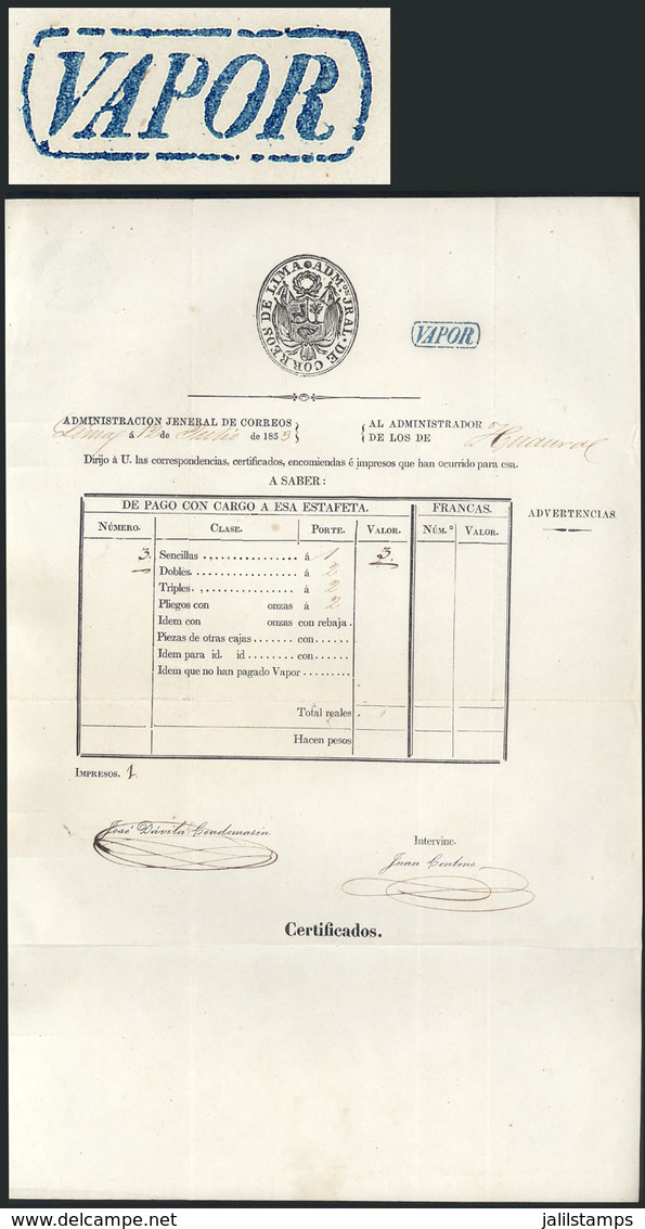 PERU: Mail Guide (guía De Correspondencia) Sent From Lima To Huaral On 12/JUL/1853, Signed By The General Postmaster Gra - Peru