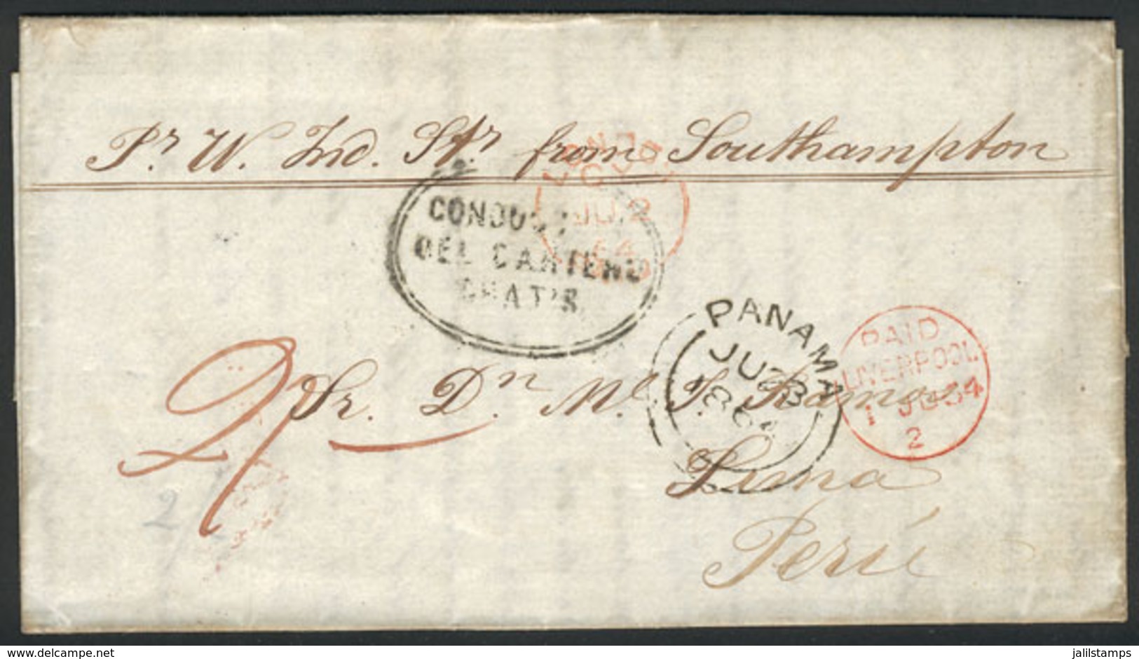 PERU: Entire Letter Sent Stampless From Liverpool To Lima On 1/JUN/1864, With Manuscrip "2/" Due Mark, Red "PAID LIVERPO - Peru