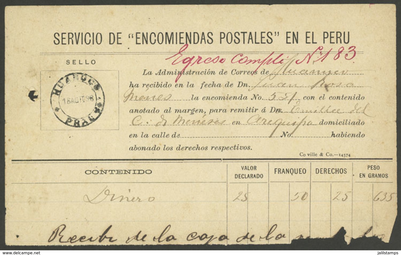 PERU: Receipt For A Parcel With Money Sent From HUANUCO To Arequipa On 18/AU/1898, Interesting! Ex-Herbert Moll - Peru