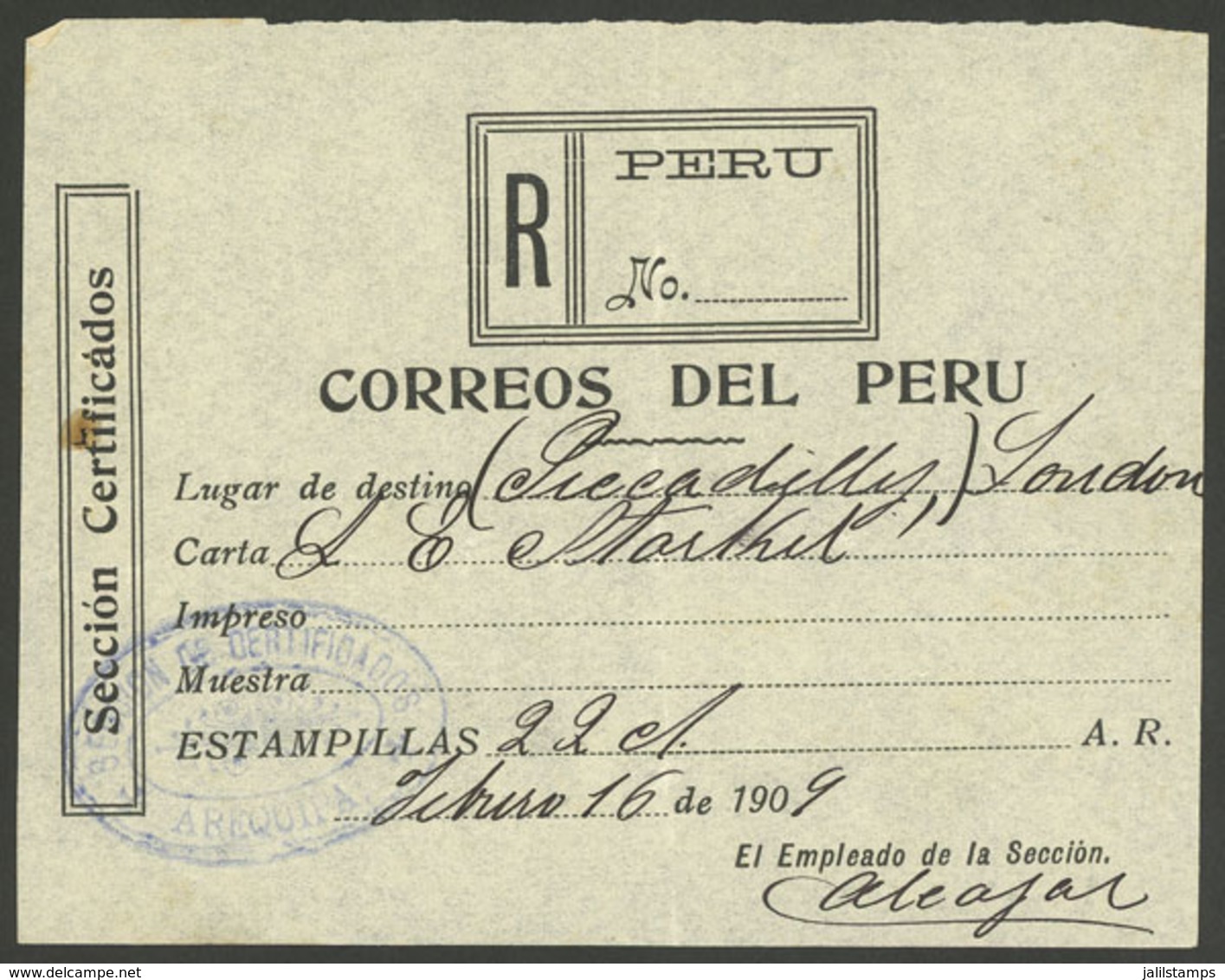 PERU: Receipt For A Registered Letter Sent From Arequipa To London On 16/FE/1909, VF Quality! Ex-Herbert Moll - Peru