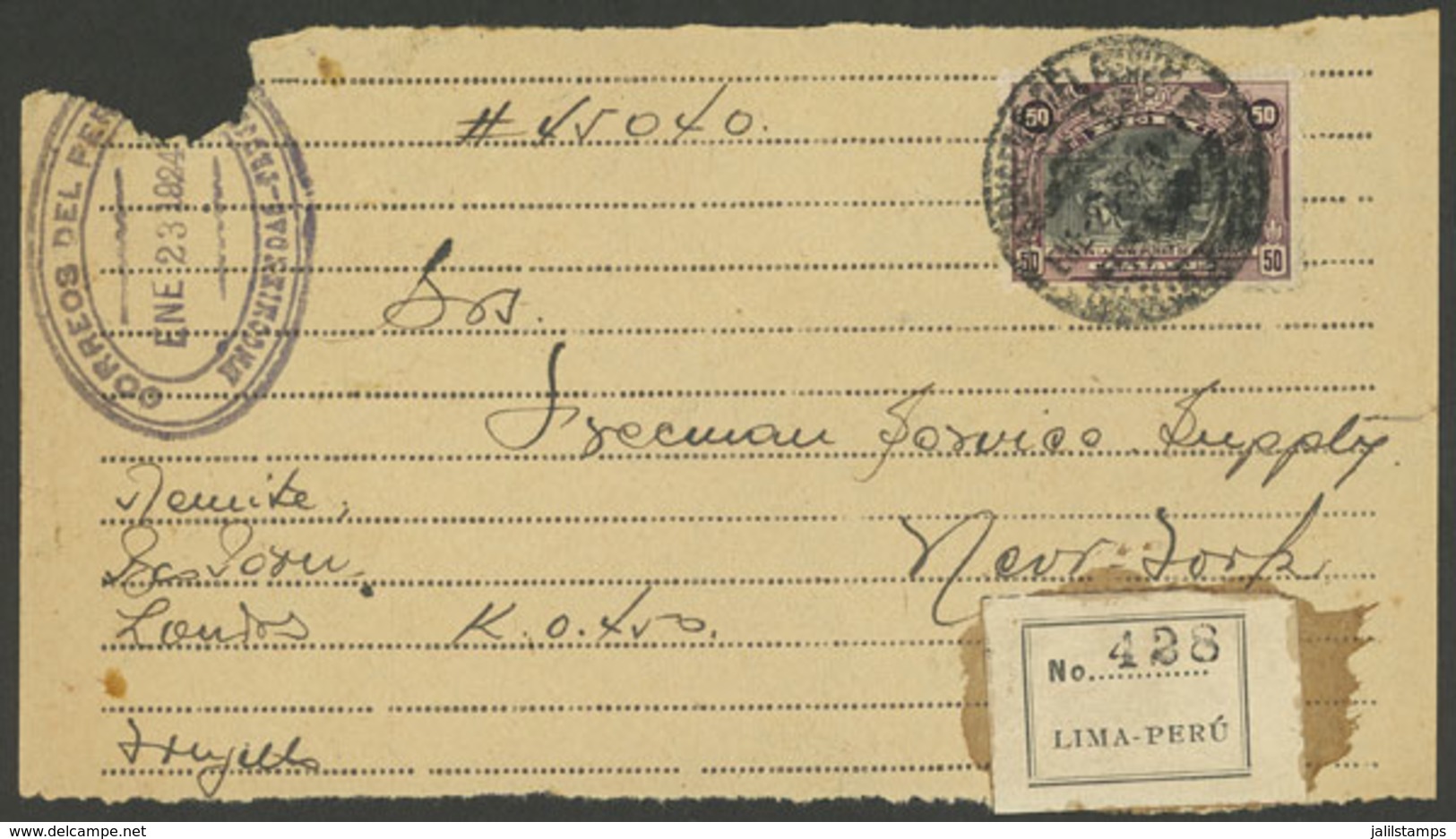 PERU: PROVISIONAL Guide For A Parcel Sent From Trujillo To New York On 23/JA/1924, Franked With 50c. (Sc.217), VF And Ra - Peru