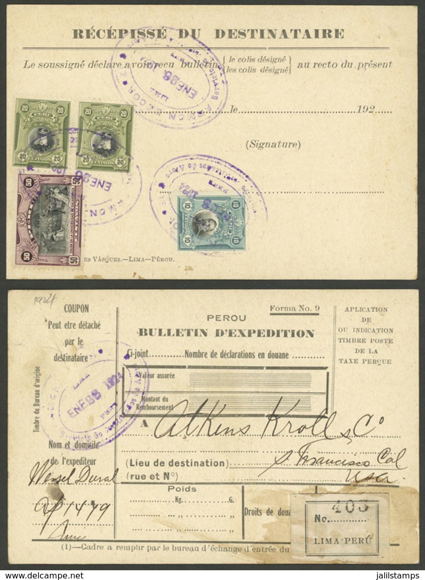 PERU: Dispatch Note For A Parcel Sent From Lima To USA On 28/JA/1924 Franked With 1S. (Sc.214 + 216 Pair + 217), Excelle - Peru