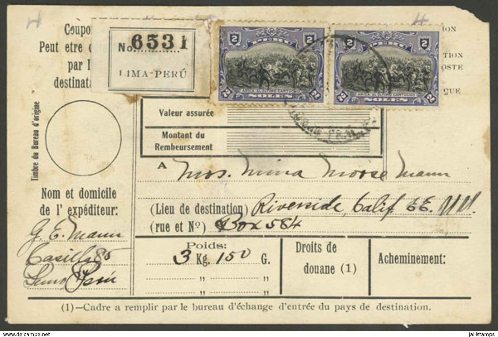 PERU: Circa 1924, Dispatch Note For A Parcel Sent From Lima To USA, Franked With 4S. (Sc.219 X2), With A Vertical Crease - Peru