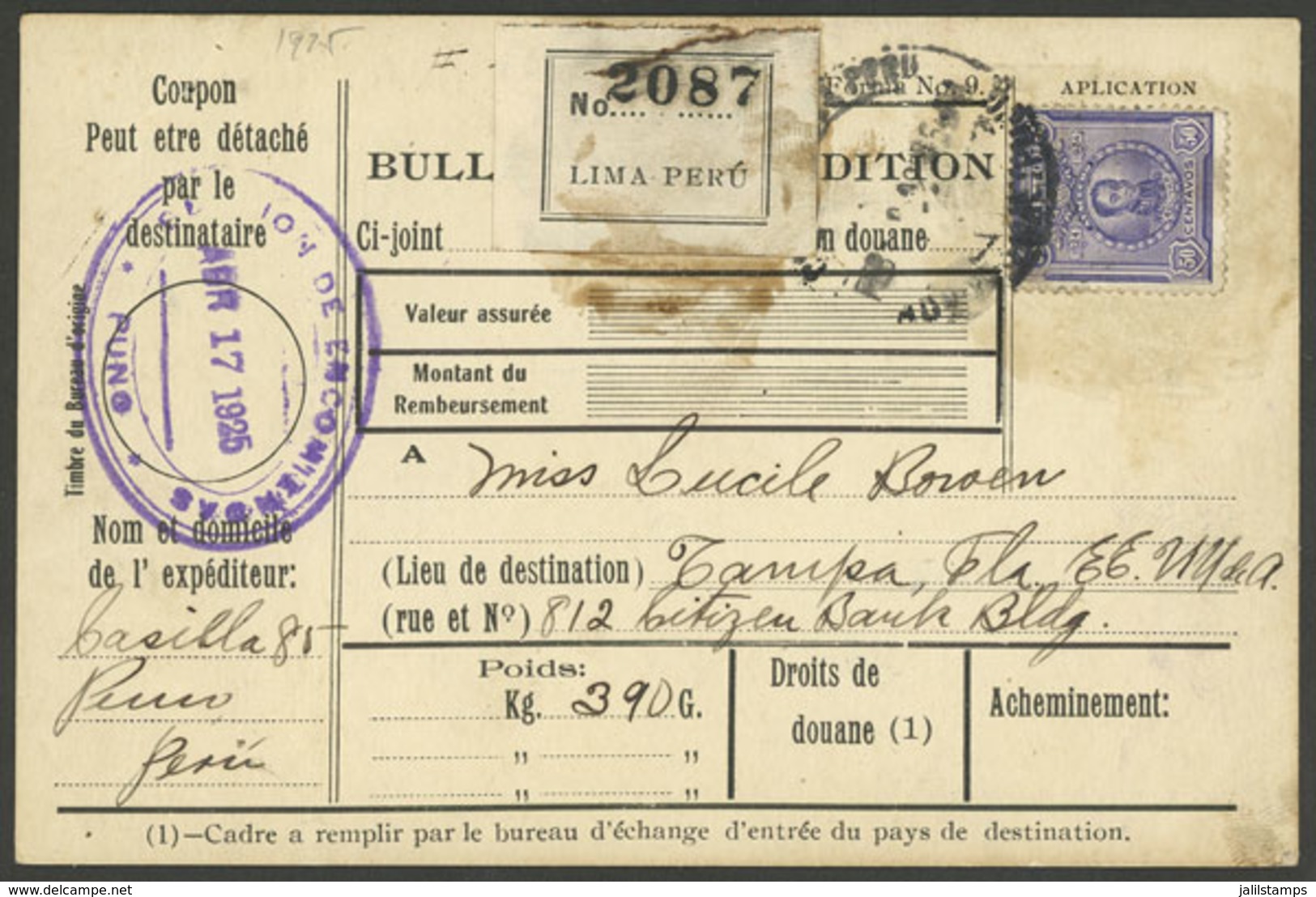 PERU: Dispatch Note For A Parcel Sent From Lima To USA In FE/1925, Franked With 50c. (Sc.239), VF Quality! Ex-Herbert Mo - Perù