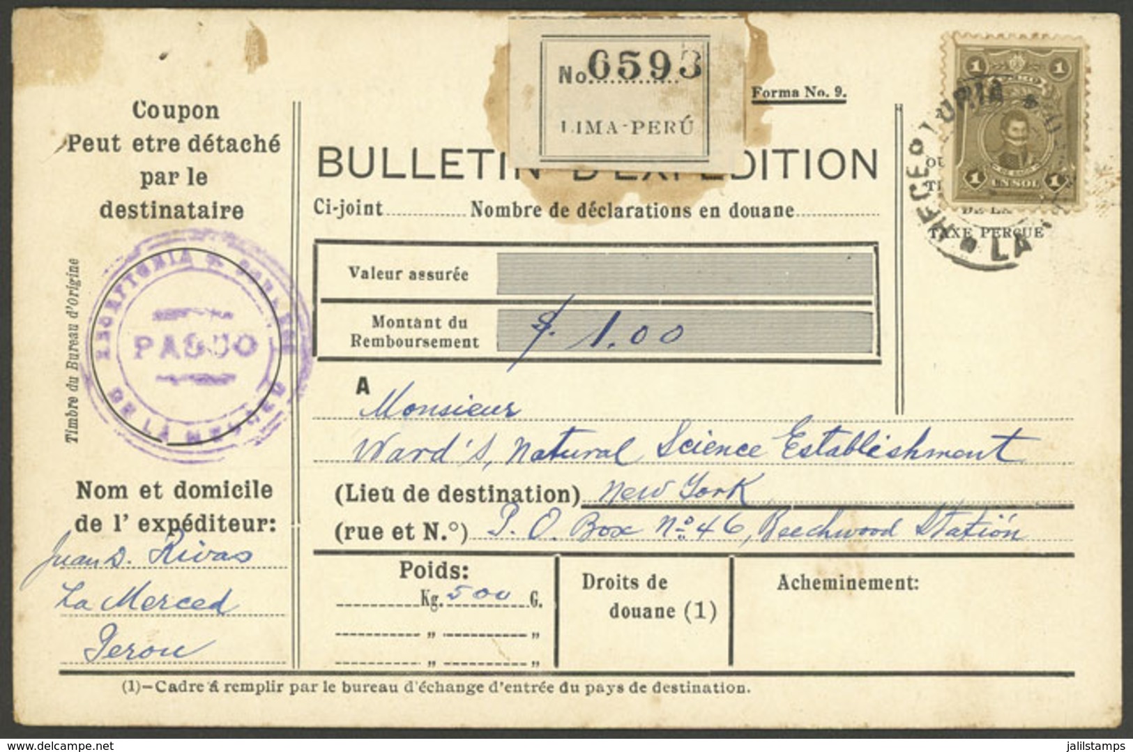 PERU: Dispatch Note For A Parcel Sent From LA MERCED To USA (circa 1925) Franked With 1S. (Sc.240), Excellent Quality. E - Peru