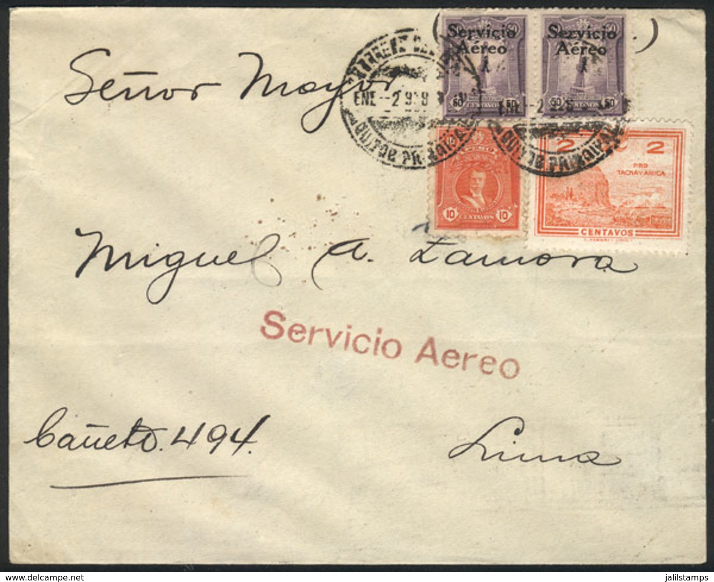 PERU: 2/JA/1928 First Flight IQUITOS - Lima: Cover Franked By Sc.C1 Pair + Other Values, It Was Carried By Seaplane On 3 - Pérou