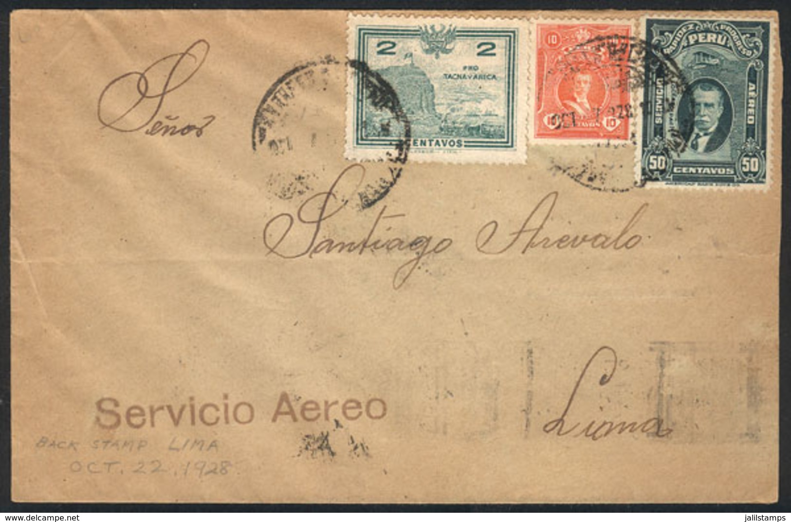 PERU: 17/OC/1928 Airmail Cover IQUITOS - Lima, CHANGE OF RATE Of The Airmail Charge, From 1/AU It Was Reduced To 50c., O - Pérou