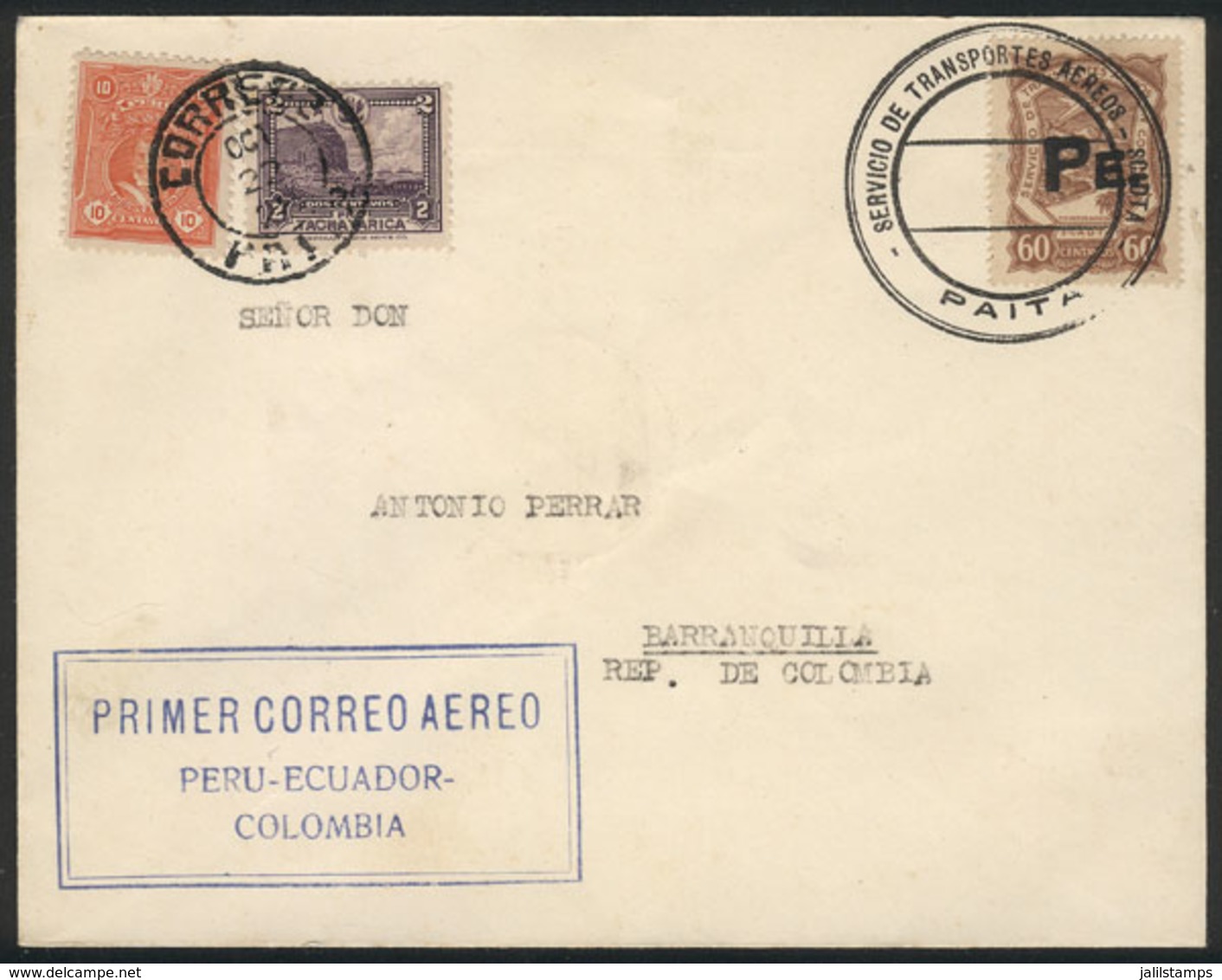 PERU: 22/OC/1928 First And Only SCADTA Flight Between Paita And Barranquilla, Cover With Postage Combining Peru And SCAD - Peru