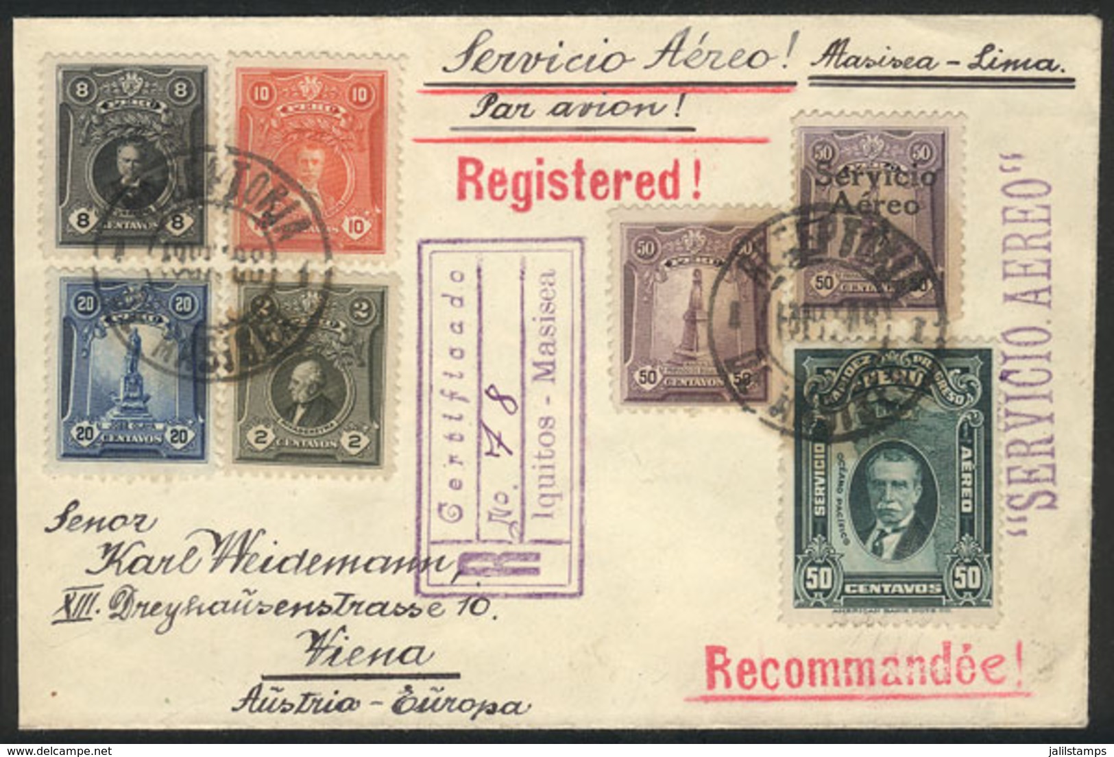 PERU: 22/JA/1929 MASISEA - Lima (by Airplane) - Vienna (by Ship): Registered Cover With Spectacular Multicolor Postage I - Perú