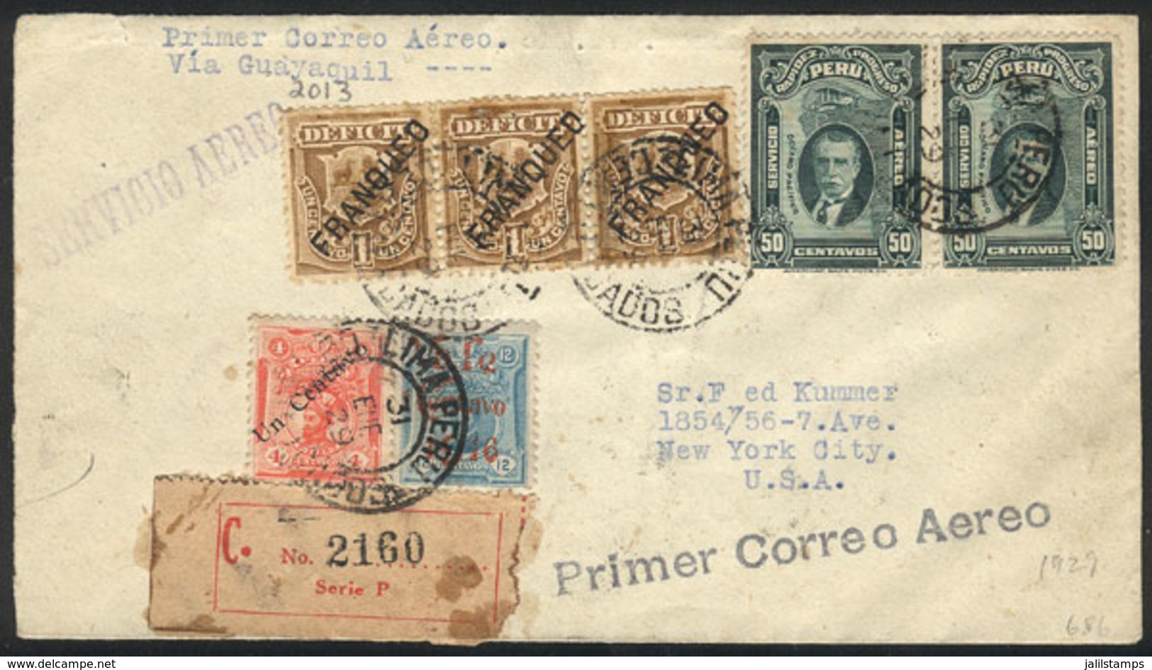 PERU: 31/JA/1929 First Flight Lima - Guayaquil, Registered Cover Sent To New York, On Back It Bears The Rare Airmail "Ta - Peru