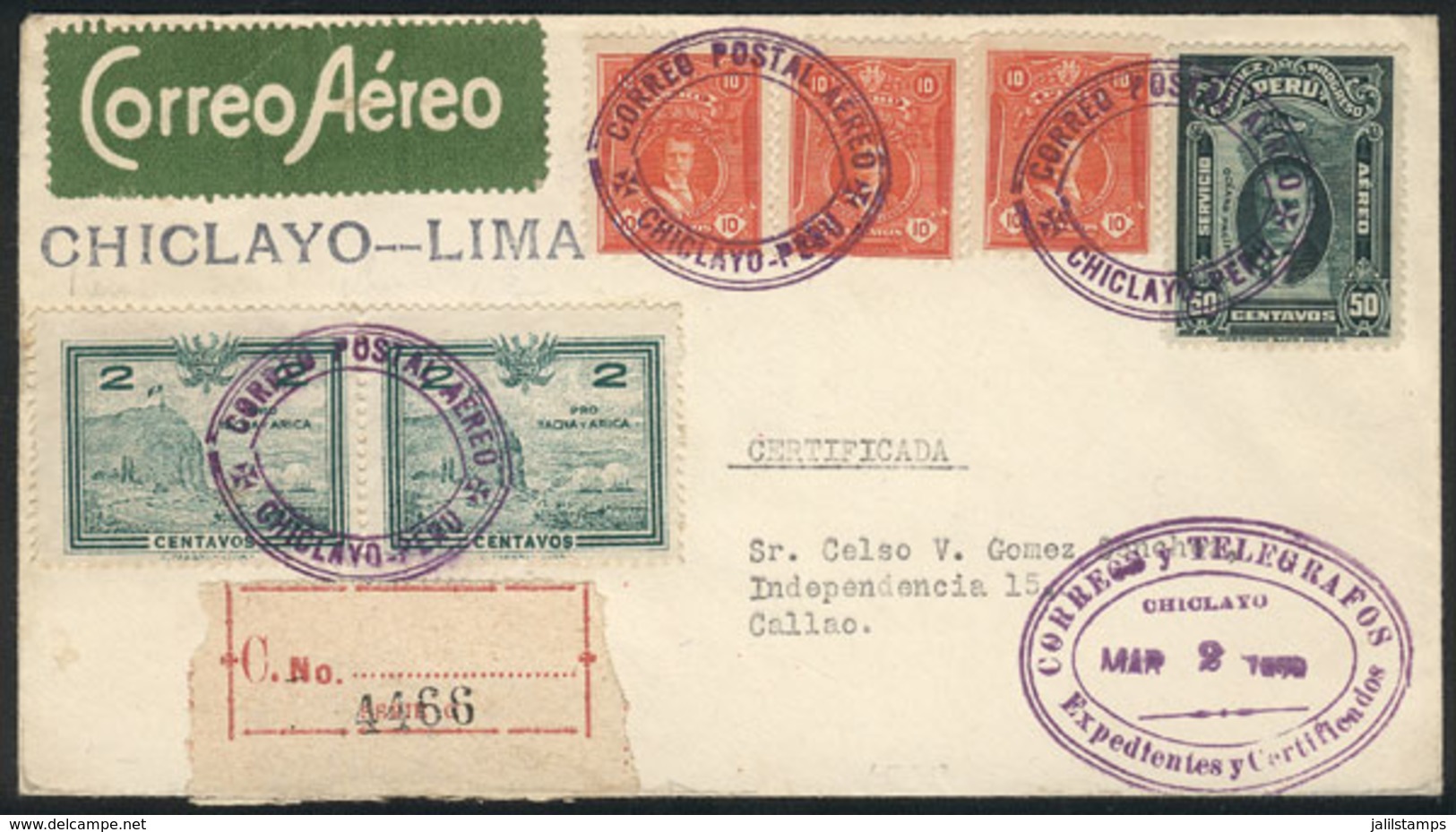 PERU: 2/MAR/1929 First Flight Chiclayo - Callao, Registered Cover With Special Cancels, And Arrival Backstamp Of 4/MAY.  - Perú