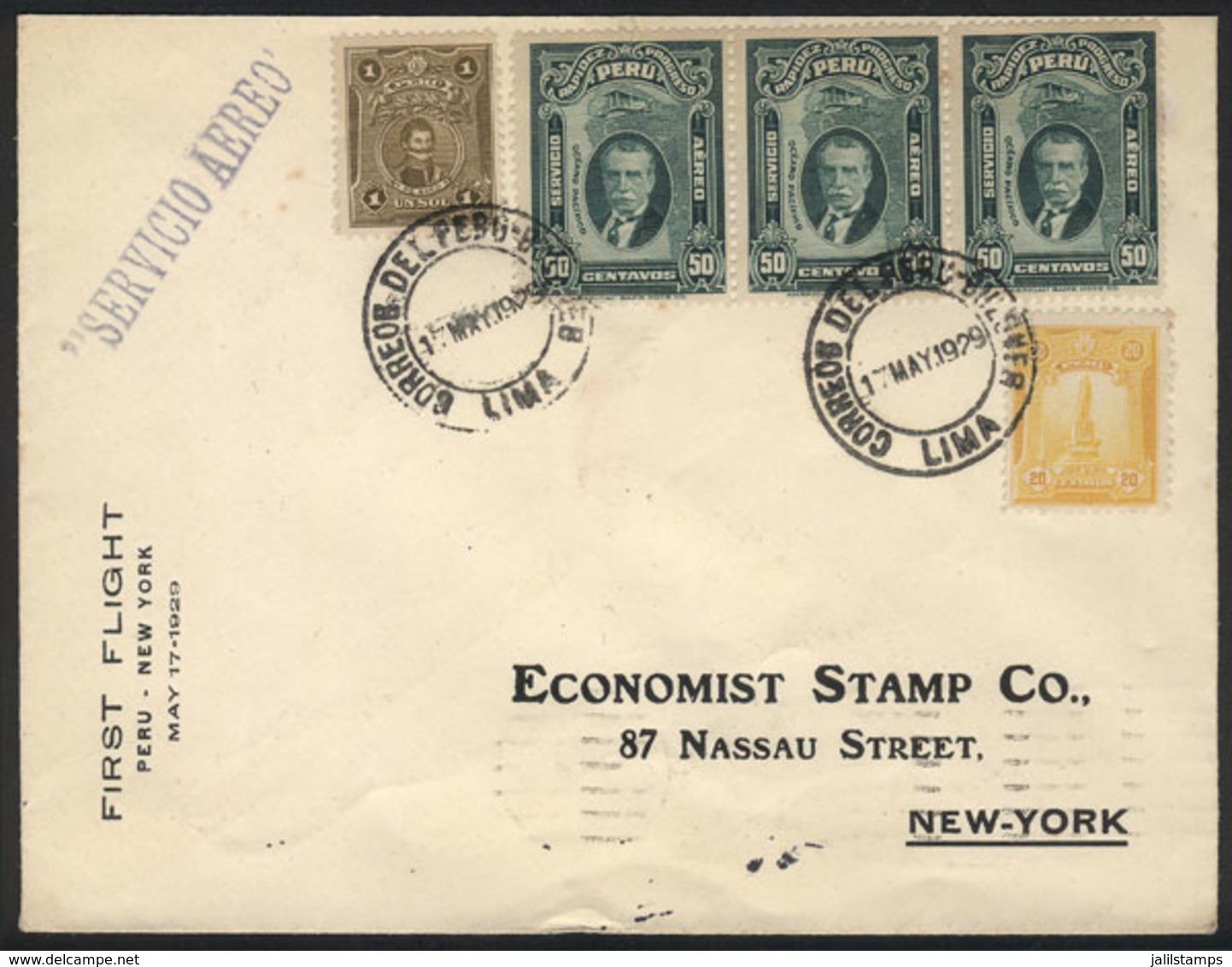 PERU: 17/MAY/1929 First Flight Lima - New York, By PANAGRA. Cover Franked With 2.70S., On Back Arrival Mark Of Cristobal - Peru