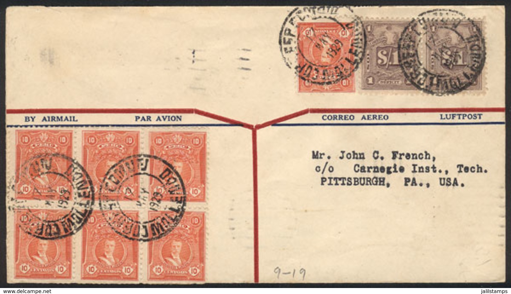 PERU: 18/MAY/1929 PANAGRA First Flight Mollendo - Cristobal, Cover With Nice Postage Of 2.70S (including 2 Postage Due S - Peru