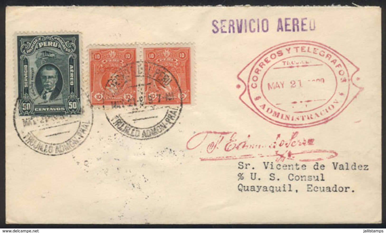 PERU: 21/MAY/1929 First Flight Trujillo - Guayaquil, Cover Franked With 70c., With Transit Backstamp Of Paita 23/MAY And - Peru