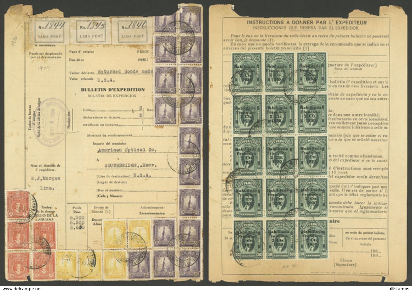 PERU: Dispatch Note For 3 Parcels Sent From Lima To USA On 11/MAR/1930 With Spectacular Postage Of 17S., With Some Defec - Peru