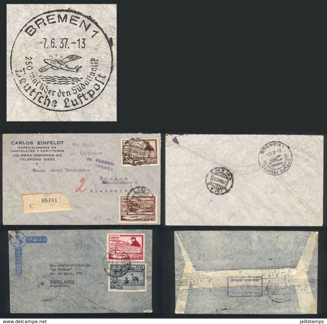 PERU: 2 Airmail Covers Sent To Germany And Argentina In 1937 And 1938, With Nice Postages That Include 35c. And 25c. Sta - Perú