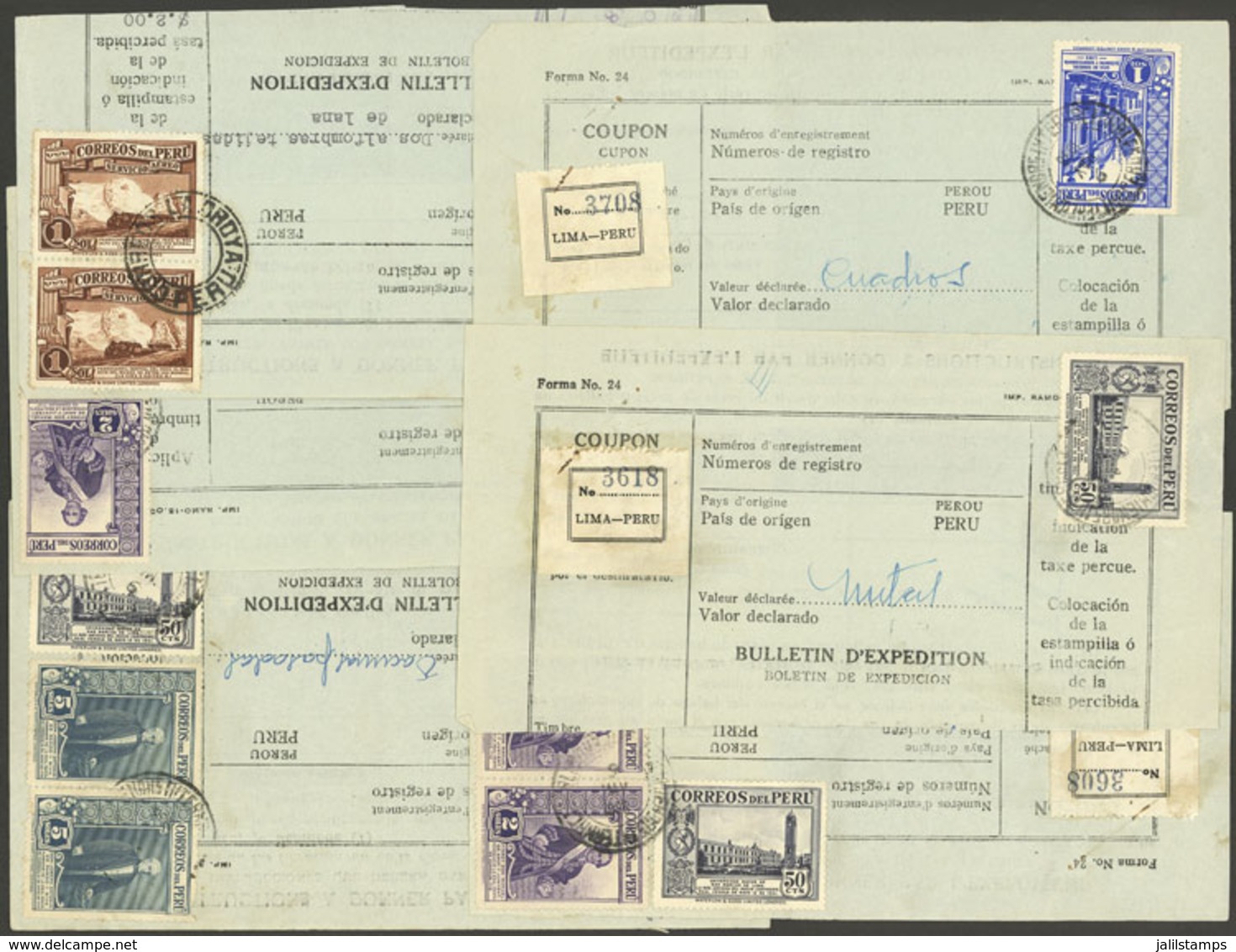 PERU: 6 Fragments (top Part) Of Dispatch Notes Of Parcels Dispatched In Lima In 1938, All With Fantastic Postages, VF Qu - Peru