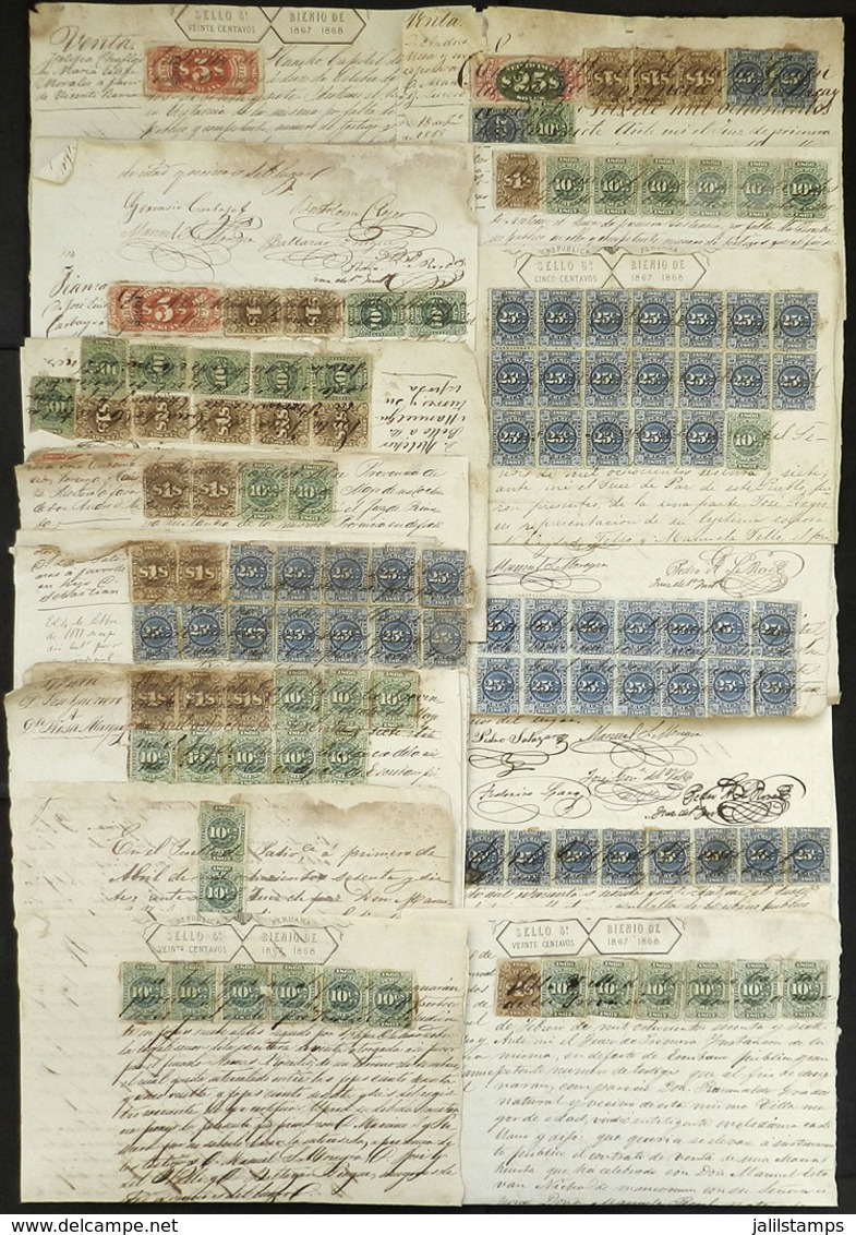 PERU: 19 Old Documents With Over 130 Revenue Stamps, Some With Defects But All The Same Very Interesting Lot For The Spe - Perú