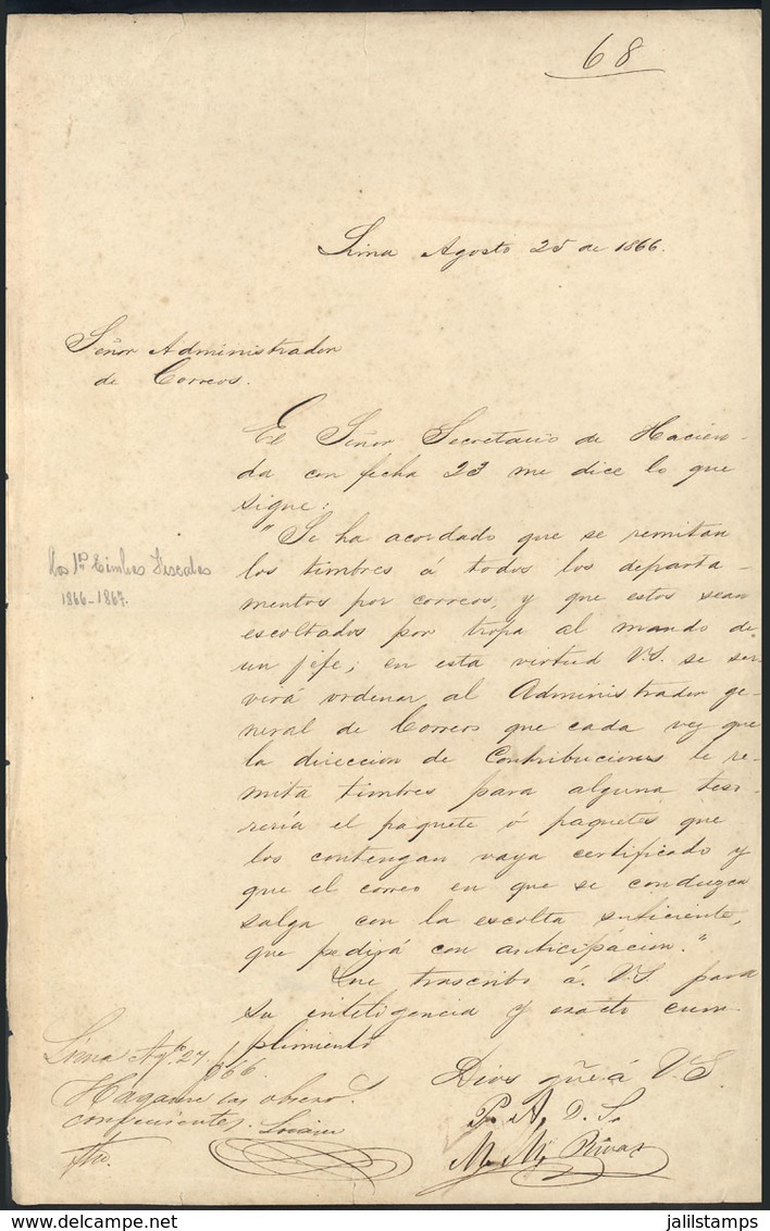 PERU: RARE DOCUMENT: Original Letter Sent To The Postmaster In Lima On 25/AU/1866 With The Following Text: "The Secretar - Perú