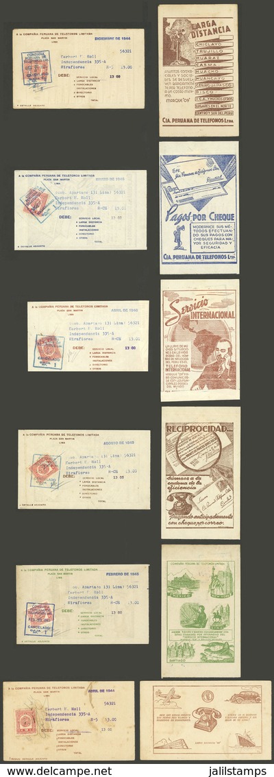 PERU: 26 Telephone Receipts Of 1940s, All With Affixed Revenue Stamps, And On Back Attractive Impressions With Tips And  - Perú