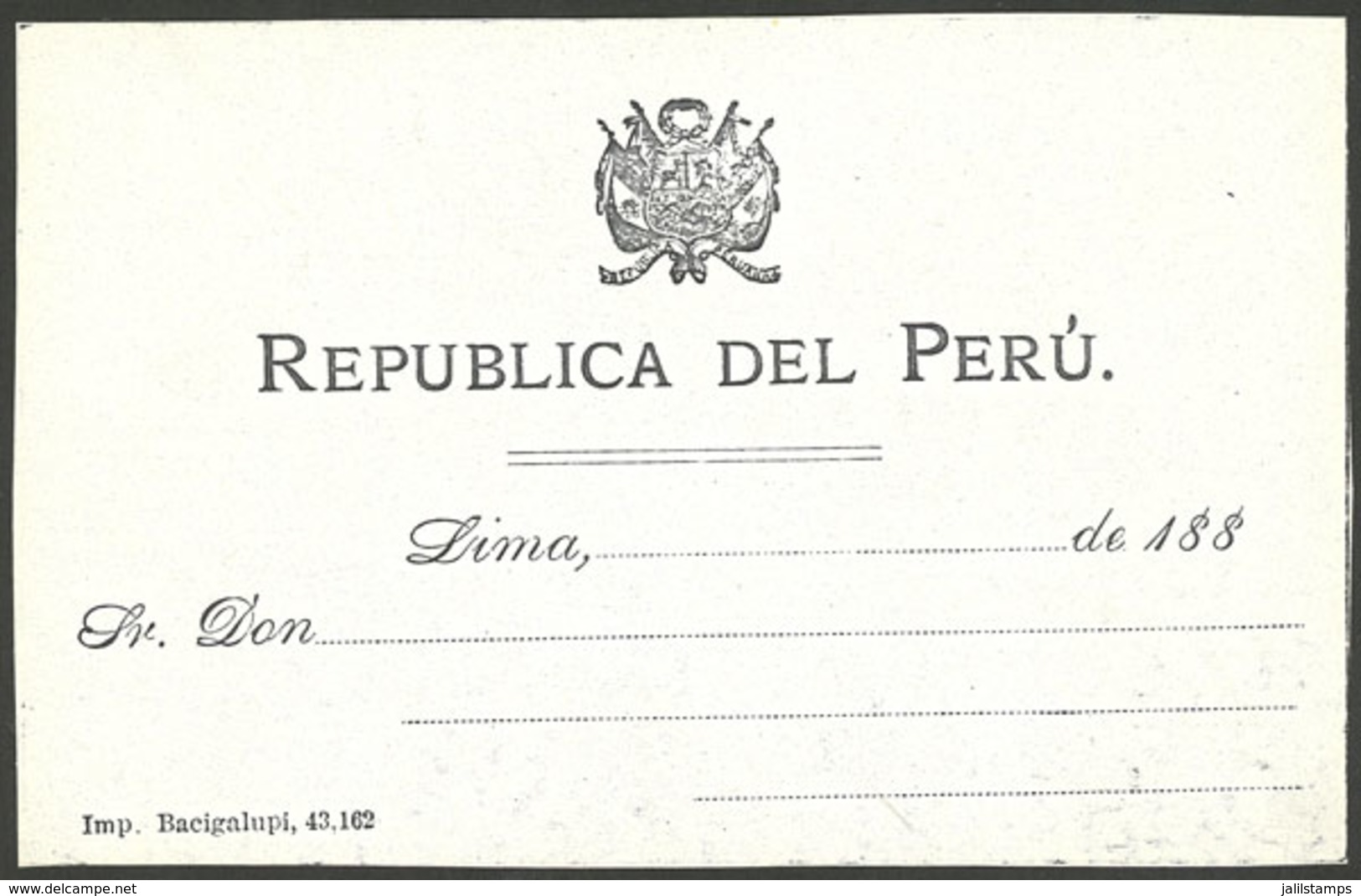 PERU: Unused Form For Sending Official Parcel Post, Very Old (circa 1880), Printed By Imprenta Bacigalupi, Rare! Ex-Herb - Sin Clasificación