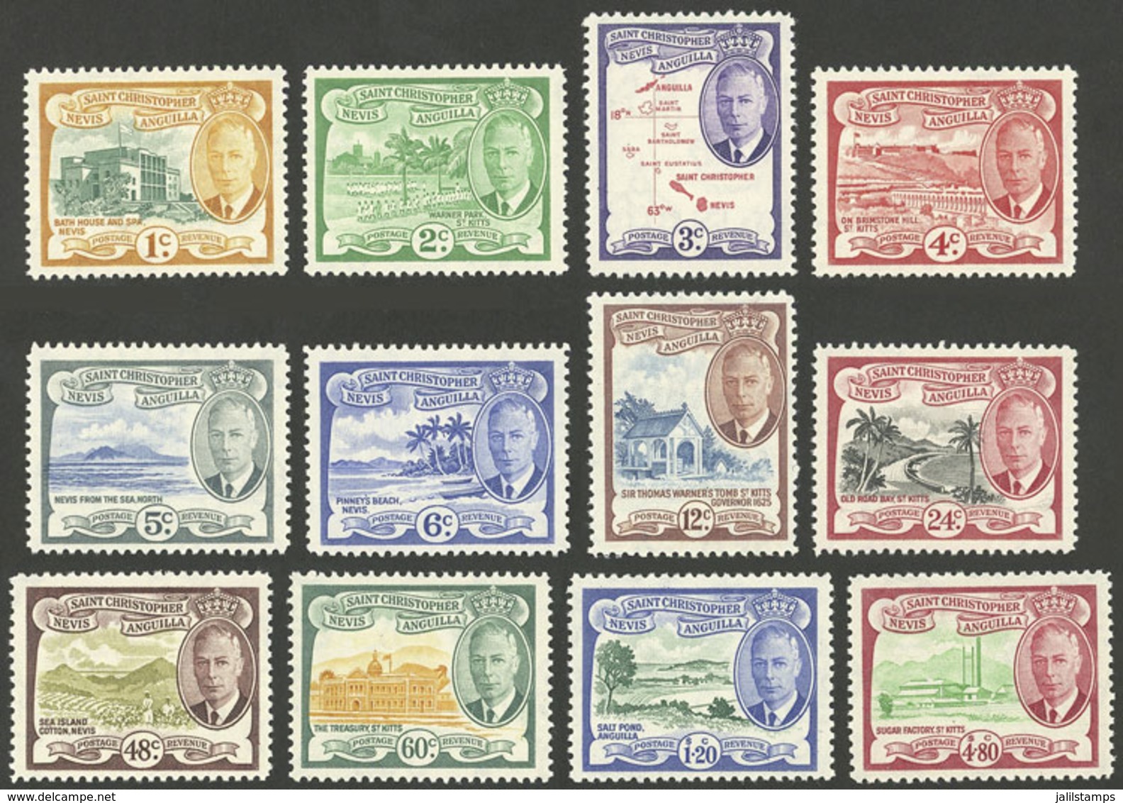 SAINT KITTS: Yvert 121/132, 1952 Complete Set Of 12 Values, Mint Very Lightly Hinged, Very Fine Quality! - St.Christopher-Nevis-Anguilla (...-1980)