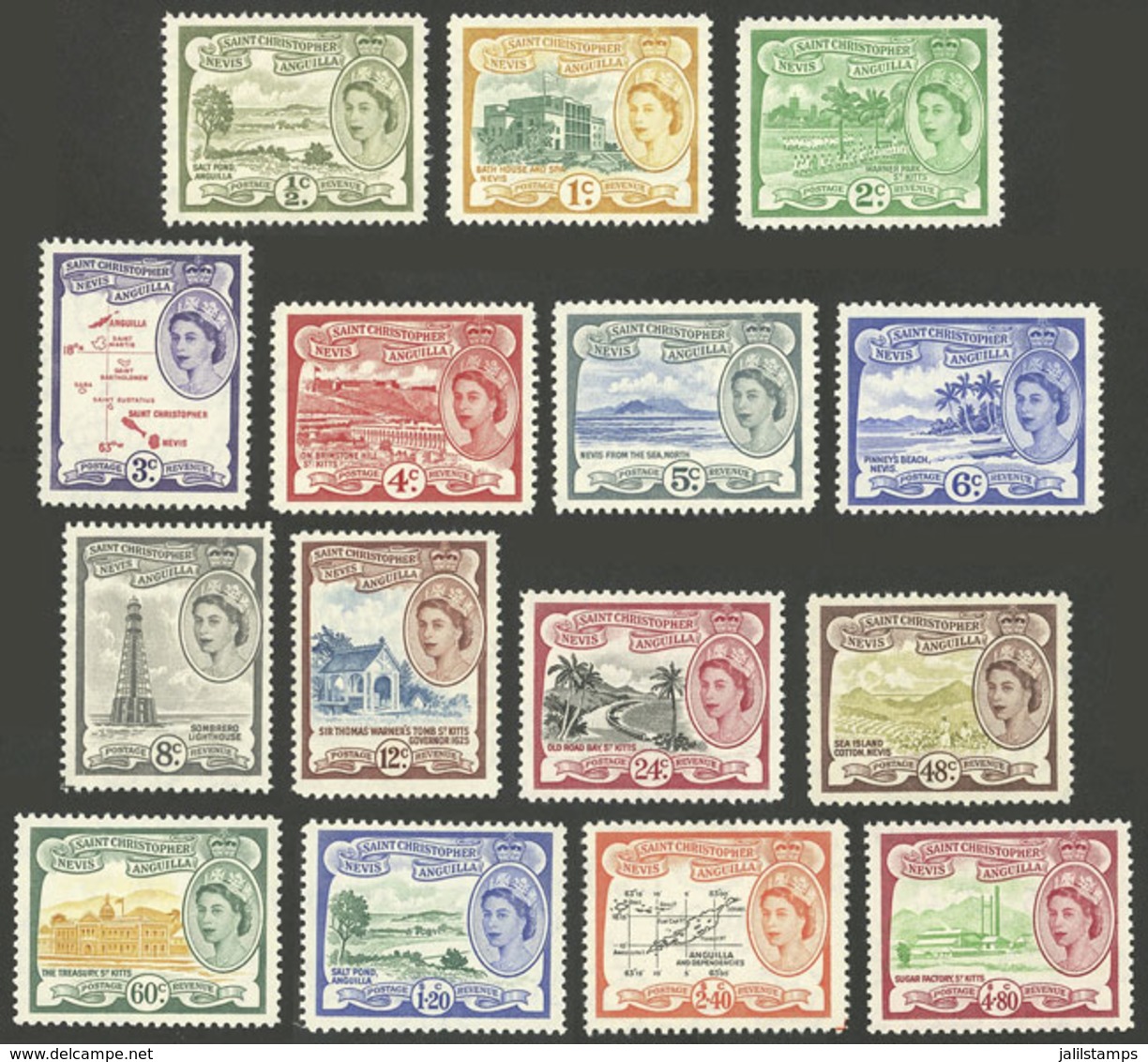 SAINT KITTS: Yvert 134/148, 1954/7 Complete Set Of 15 Values, Mint Very Lightly Hinged, Very Fine Quality! - San Cristóbal Y Nieves - Anguilla (...-1980)