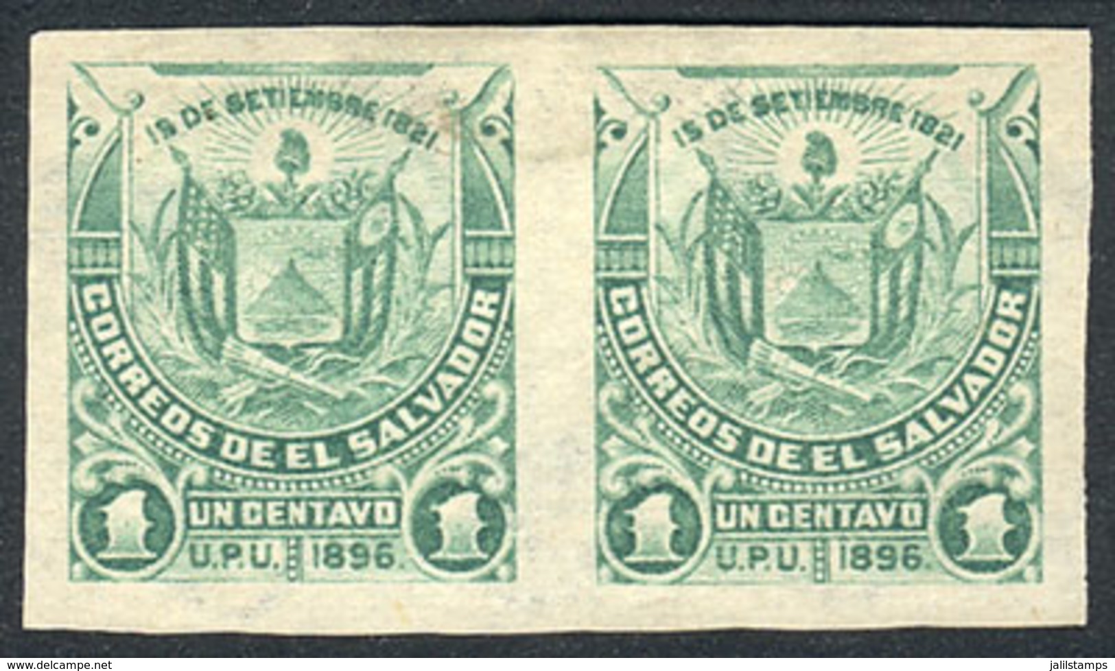EL SALVADOR: Yv.132A, 1896 Coat Of Arms 1c. With Watermark, IMPERFORATE PAIR, VF! - El Salvador