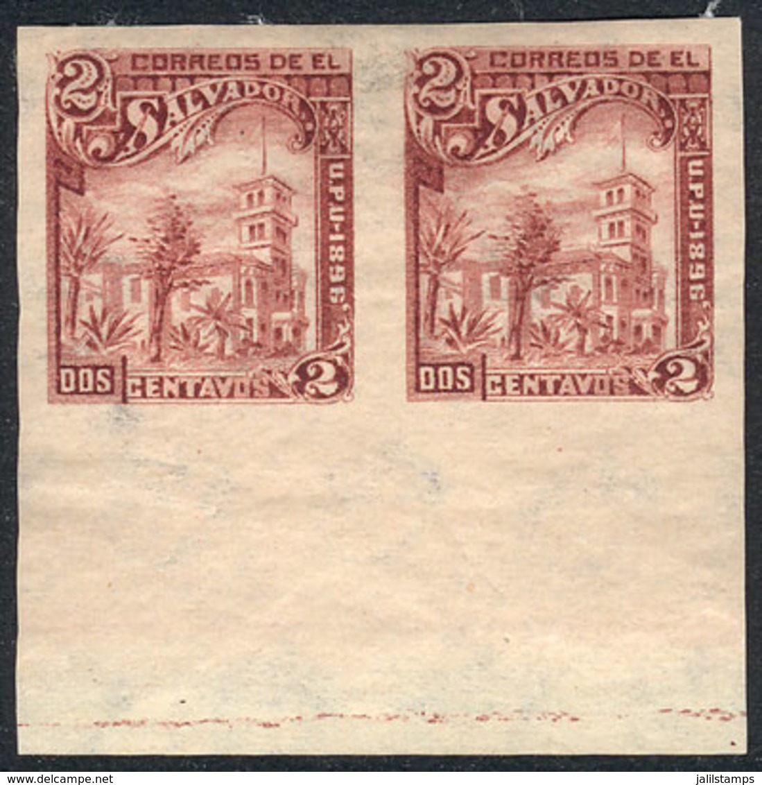 EL SALVADOR: Yv.133A, 1896 Congress 2c. With Watermark, IMPERFORATE PAIR, VF! - El Salvador