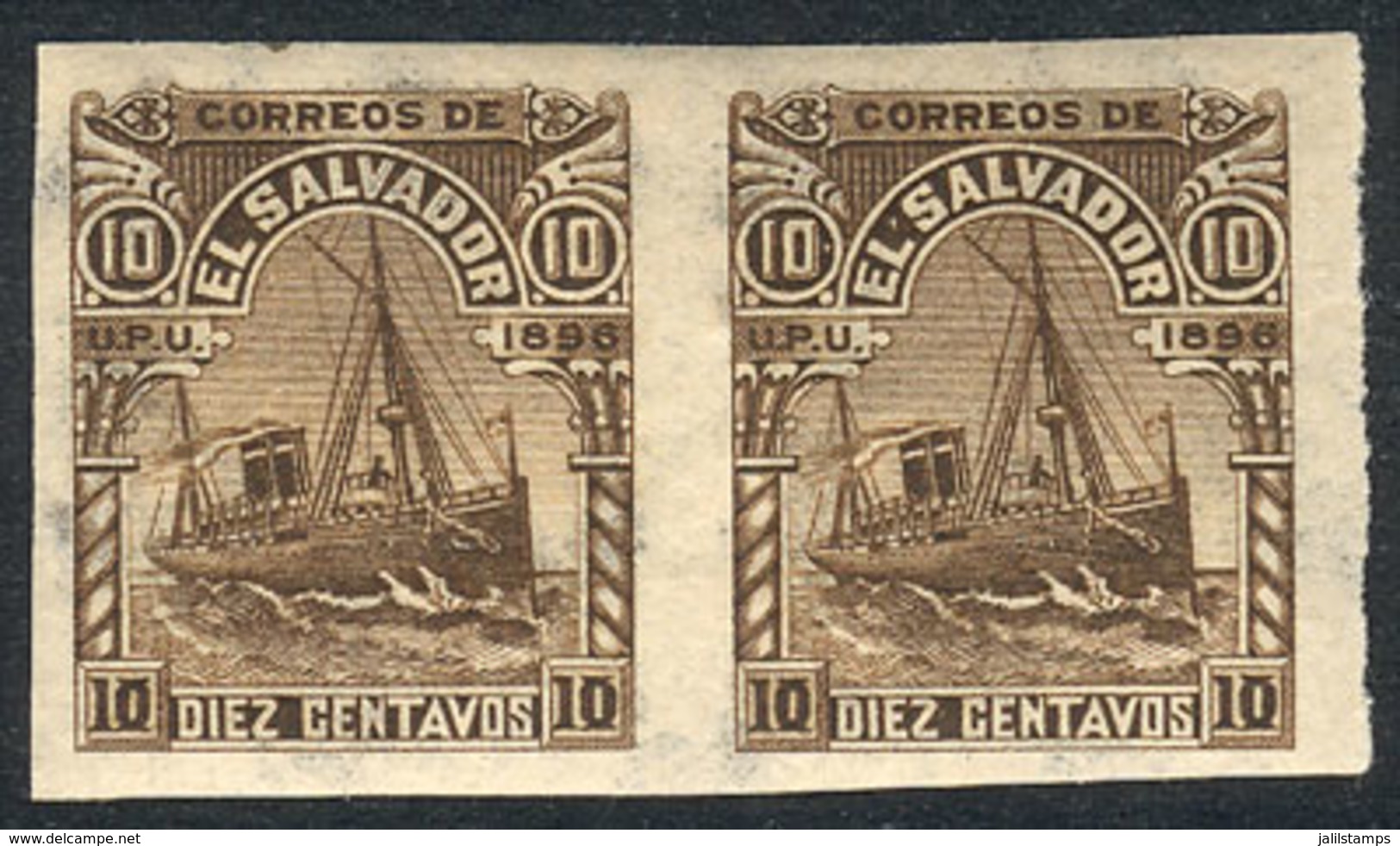 EL SALVADOR: Yv.136A, 1896 Steamship 10c. With Watermark, IMPERFORATE PAIR, VF! - El Salvador