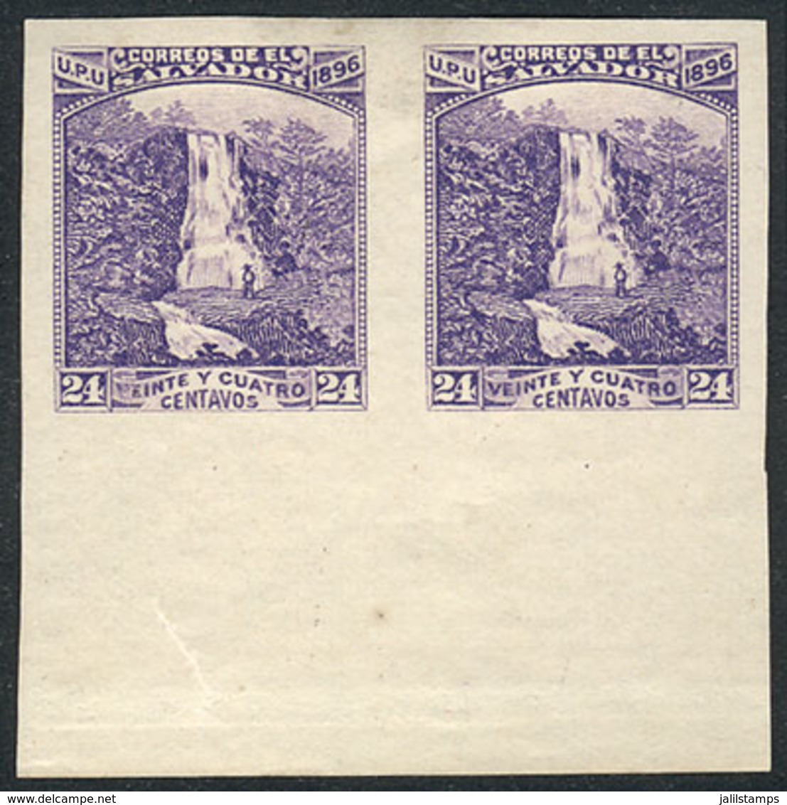 EL SALVADOR: Yv.140B, 1896 Waterfall Of Atehausillas 24c. W/o Watermark, IMPERFORATE PAIR, VF! - El Salvador