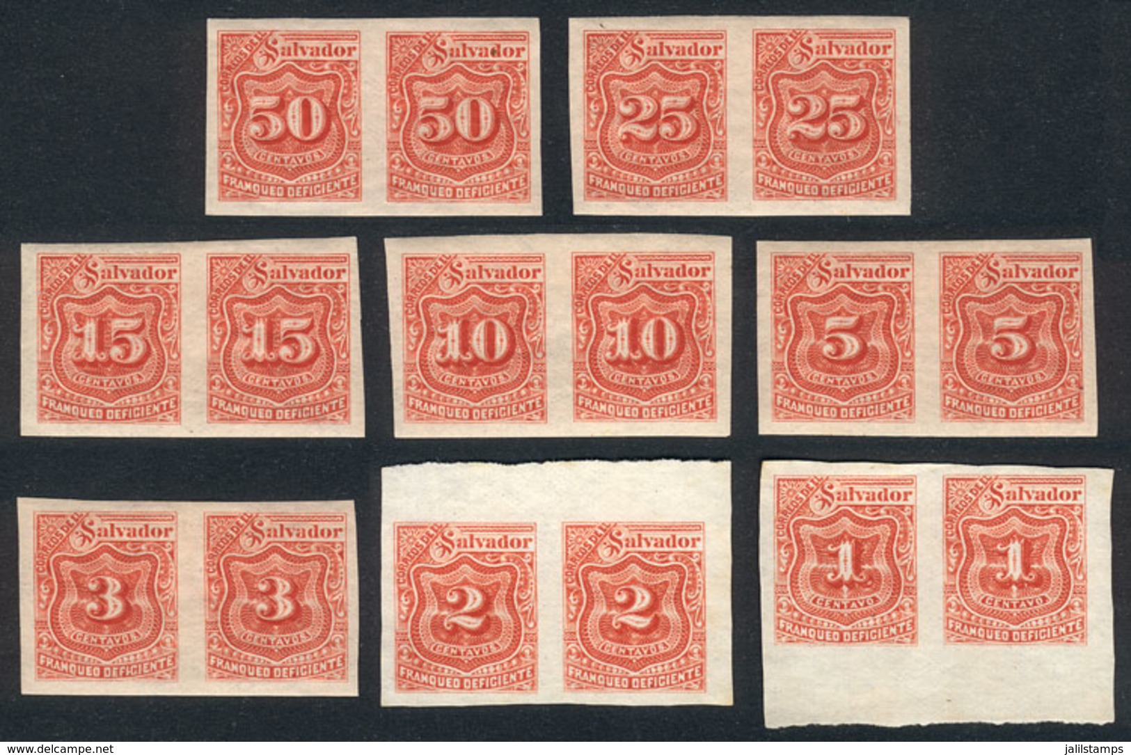 EL SALVADOR: Postage Due Stamps Yv.9-16, 1896 Complete Set Of 8 Values, IMPERFORATE PAIRS, VF Quality (2 Without Gum, Th - El Salvador