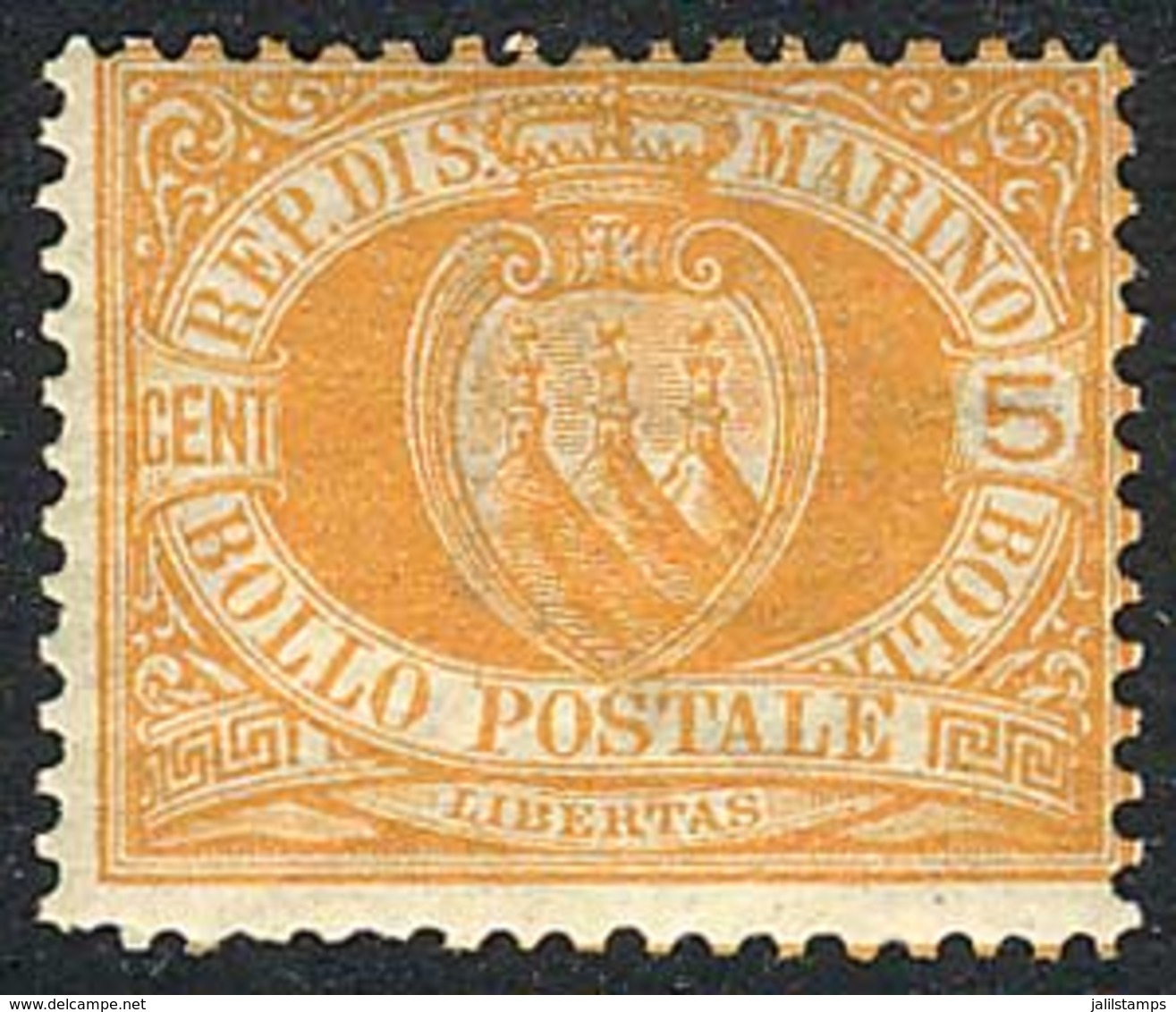 SAN MARINO: Yv.2, 1877/90 5c. Orange, Mint With Original Gum, VF Quality, Catalog Value Euros 120. - Andere & Zonder Classificatie