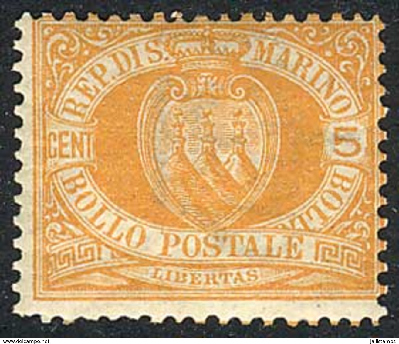 SAN MARINO: Yv.2, 1877/90 5c. Orange, Mint With Original Gum, VF Quality, Catalog Value Euros 120. - Other & Unclassified