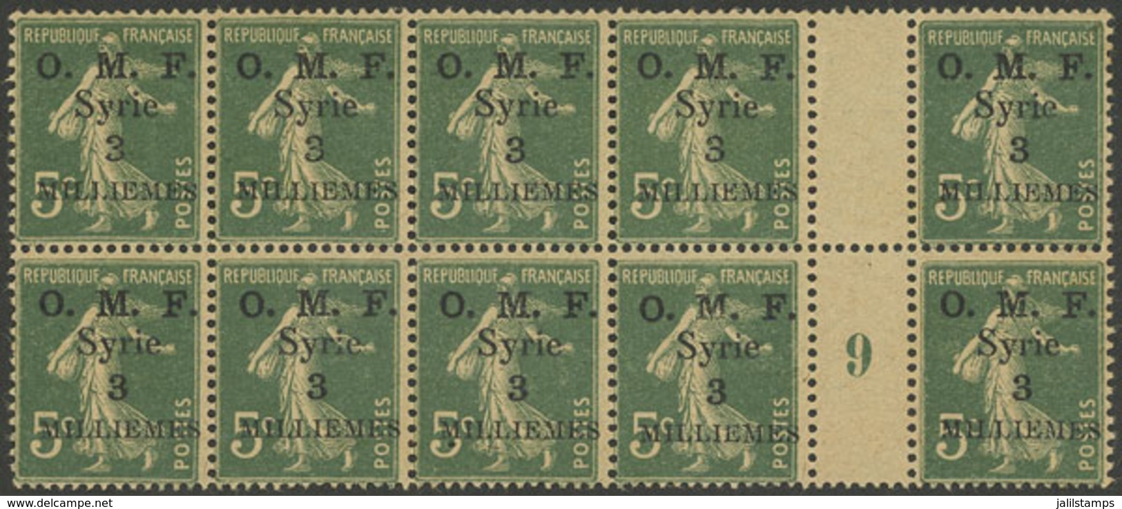 SYRIA: Sc.27, 1920 3m. On 5c., Block Of 10 Stamps And Numbered "9" Gutter, VF Quality!" - Syrië