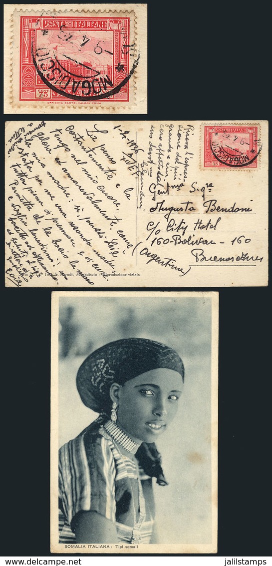 ITALIAN SOMALILAND: Postcard Sent From Mogadiscio To Argentina On 1/FE/1936 Franked With 75c., VF Quality, Rare Destinat - Somalia