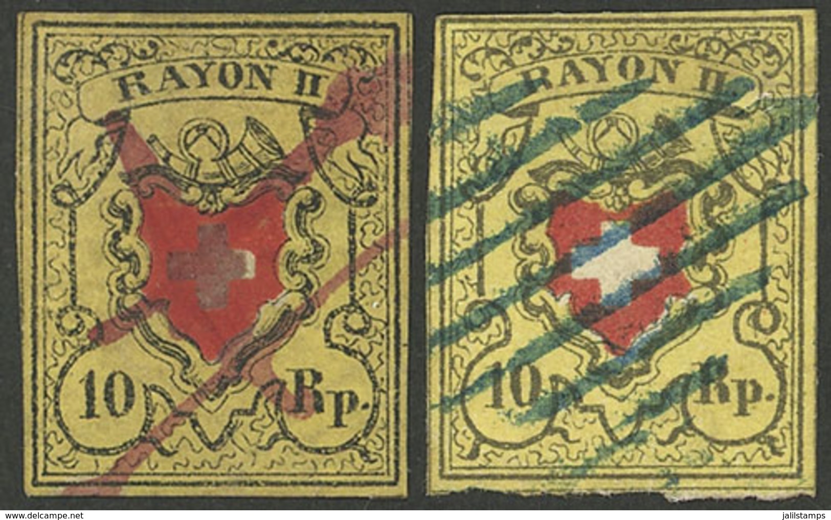 SWITZERLAND: Sc.8, 1850 10Rp. Used, 2 Examples In Different Shades With Attractive Marks: Red Pen Cancel And Blue Barred - Other & Unclassified