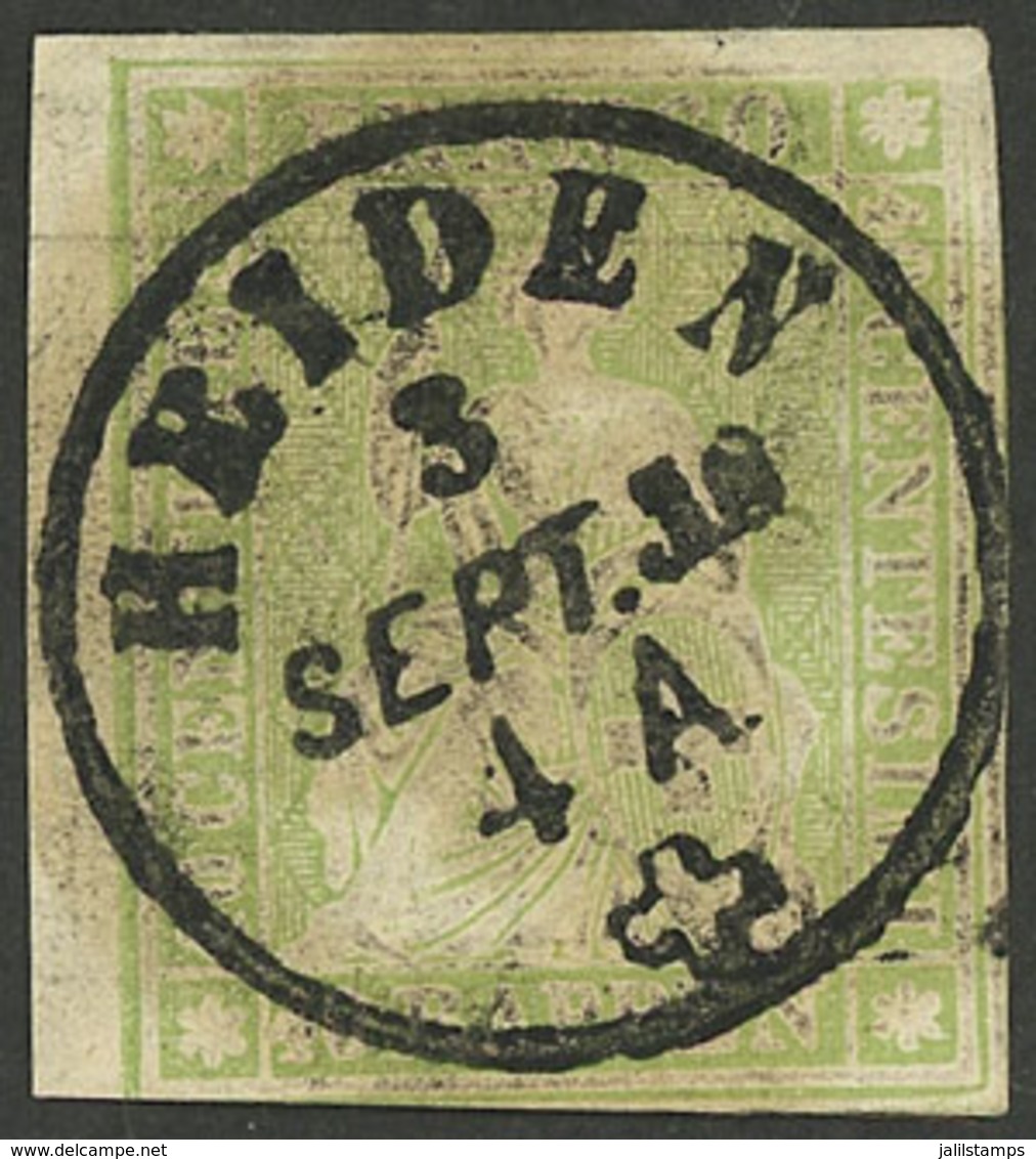 SWITZERLAND: Sc.29, 1855/7 40r. Yellow-green With Brown Silk Thread, Beautiful Example With Spectacular HEIDEN Postmark, - Andere & Zonder Classificatie