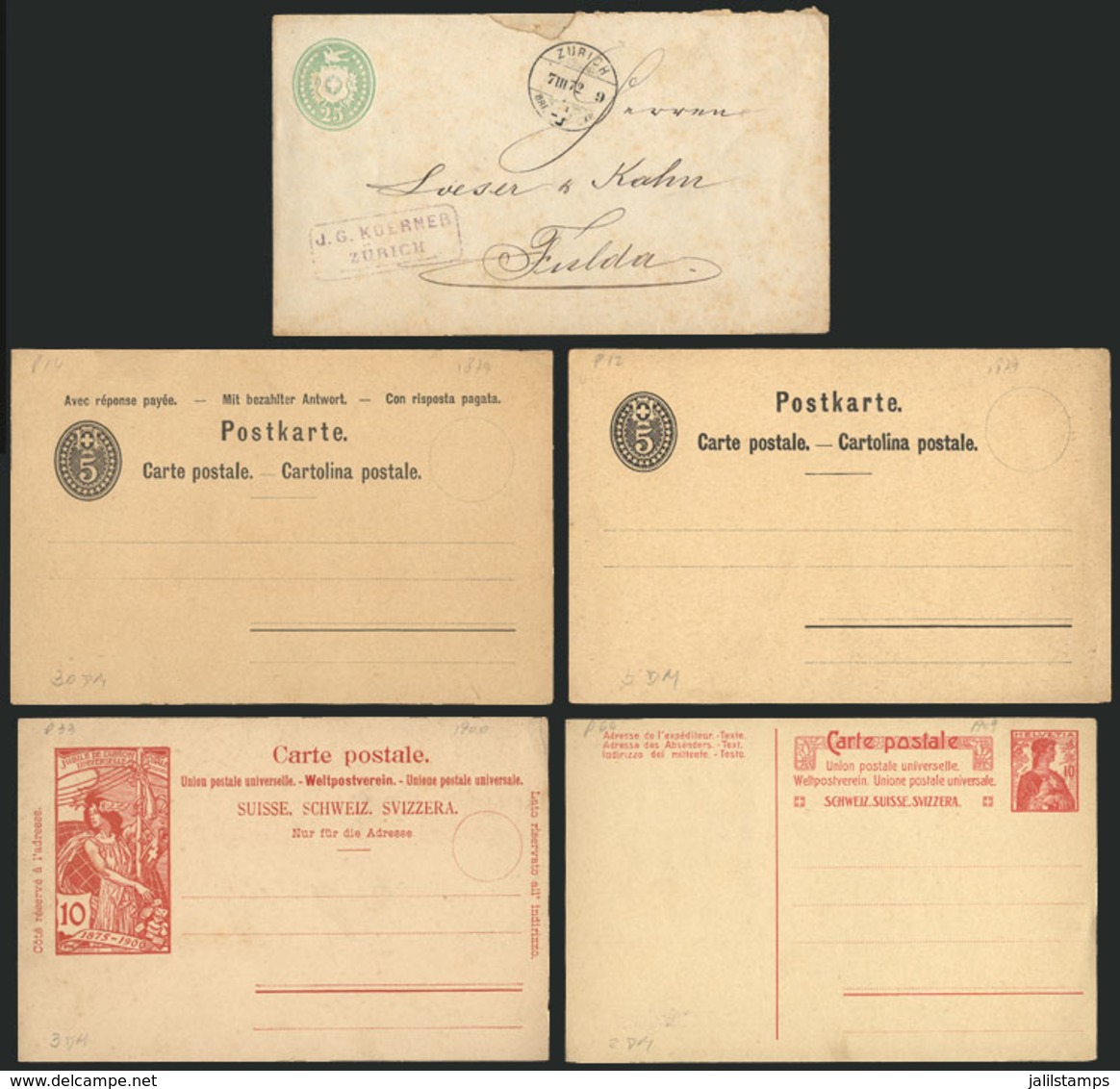 SWITZERLAND: 4 Unused Old Postal Stationeries (one Card Is Double, With Reply Paid) + 1 Cover Of 25c. Sent From Zurich T - Andere & Zonder Classificatie