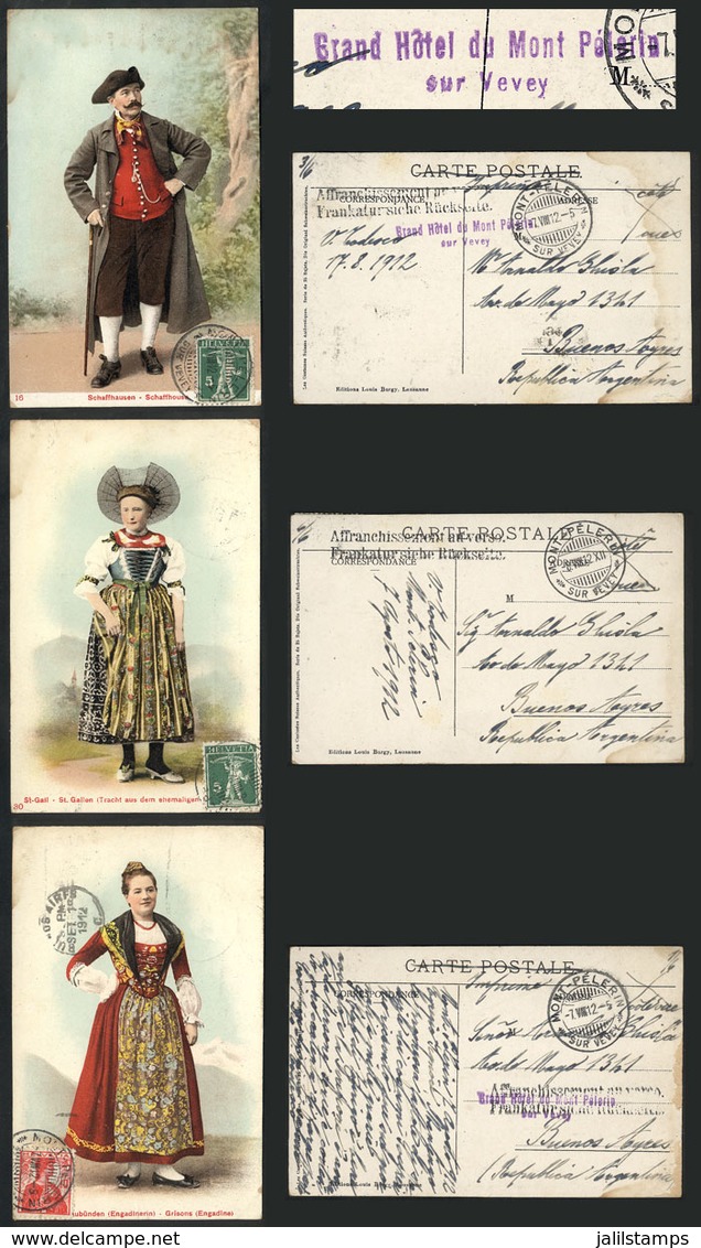 SWITZERLAND: 3 Beautiful Postcards (typical Costumes) Franked With 5c. (2) And 10c., And Sent From MONT-PÉLERIN To Argen - Andere & Zonder Classificatie