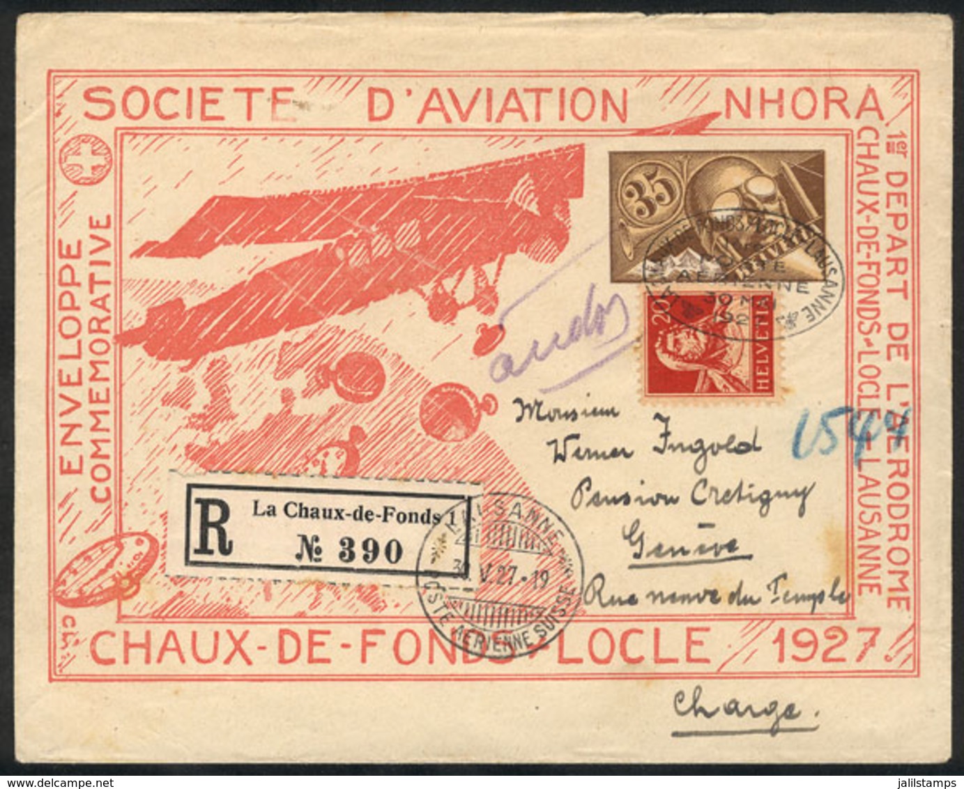 SWITZERLAND: 30/MAY/1927 First Flight CHAUX-DE-FONDS - LAUSANNE, Registered Cover With Final Destination Geneve, VF Qual - Other & Unclassified