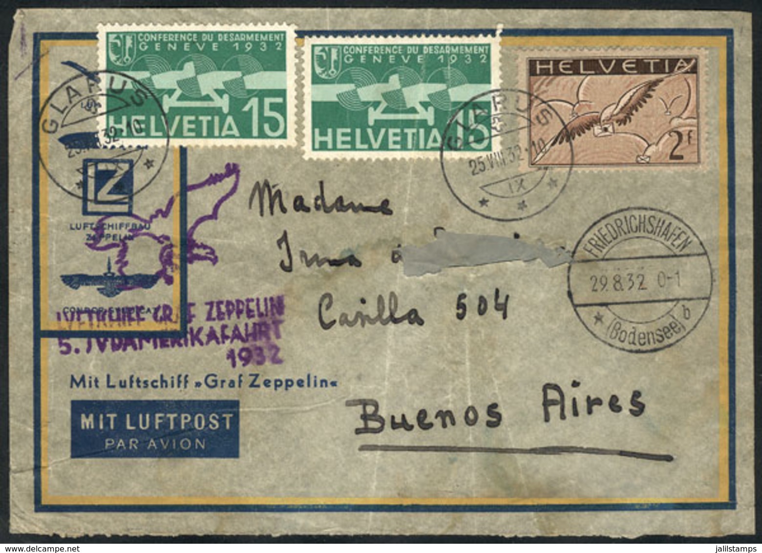 SWITZERLAND: ZEPPELIN: Cover Sent From Glarus To Argentina On 25/AU/1932, With Special Mark Of The Flight And Friedrichs - Otros & Sin Clasificación