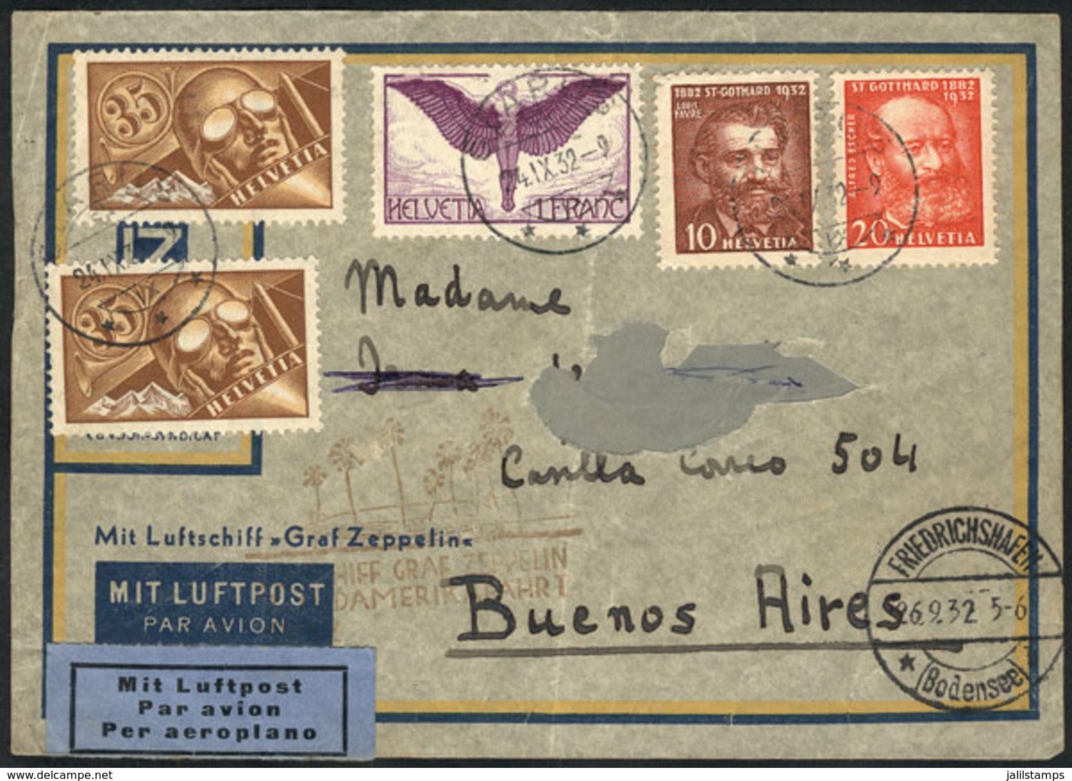 SWITZERLAND: ZEPPELIN: Cover Sent From Glarus To Argentina On 24/SE/1932, With Special Mark Of The Flight And Friedrichs - Otros & Sin Clasificación