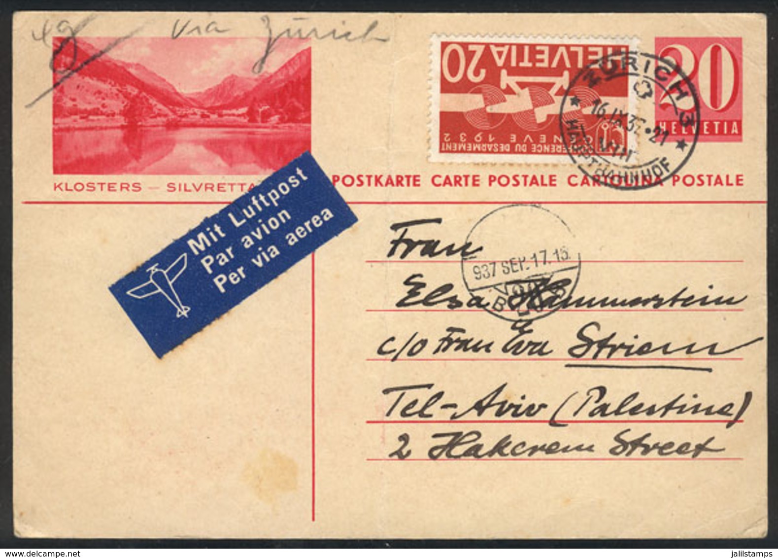 SWITZERLAND: Uprated Postal Card Sent From Zurich To TEL AVIV (PALESTINE) On 16/SE/1927, It Has A Vertical Crease, Else  - Otros & Sin Clasificación