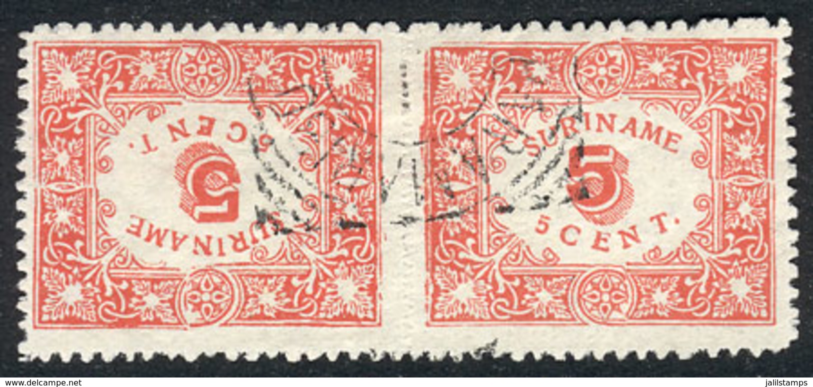 SURINAME: Yvert 58a, 1909 5c. Red Rouletted, Pair Forming Tete-beche, With Very Light Crease Otherwise Superb, Rare, Cat - Surinam