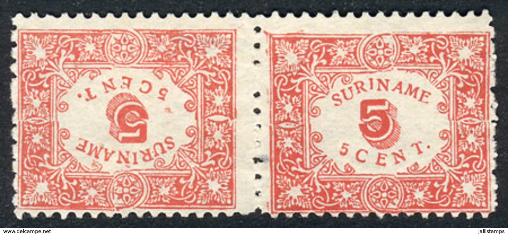 SURINAME: Yvert 58a, 1909 5c. Red Perforated, Pair Forming Tete-beche, Very Fine Quality, Rare, Catalog Value Euros 140. - Surinam