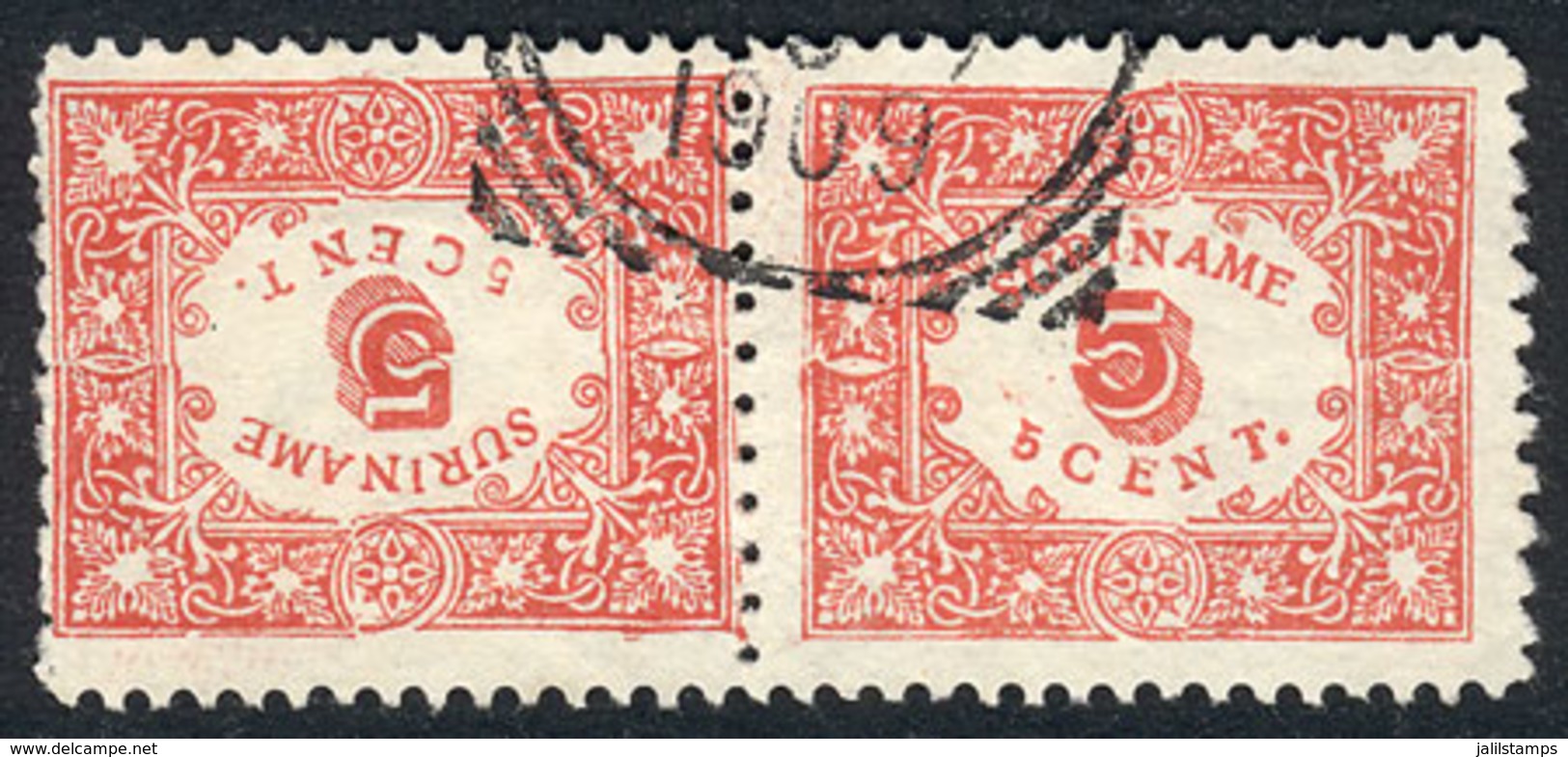 SURINAME: Yvert 58a, 1909 5c. Red Perforated, Pair Forming Tete-beche, Very Fine Quality, Rare, Catalog Value Euros 140. - Suriname