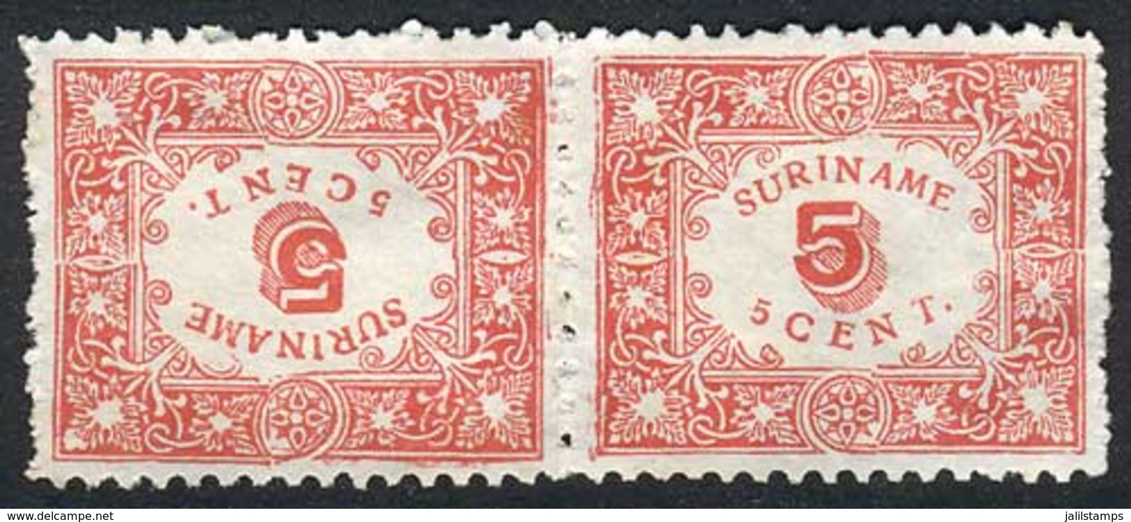 SURINAME: Sc.62a, 1909 5c. Perforation 11½x10½, Tete-beche Pair, Issued Without Gum, Fine Quality, Catalog Value US$140. - Suriname