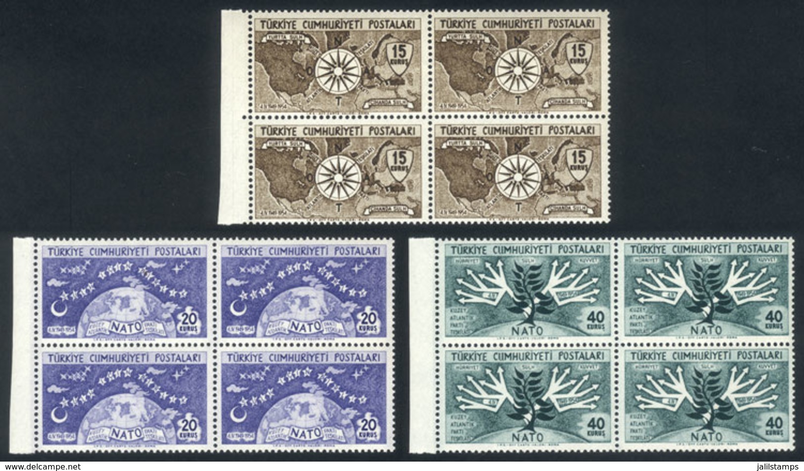 TURKEY: Yv.1212/4, 1954 NATO, Complete Set Of 3 Values In Superb BLOCKS OF 4! - Other & Unclassified