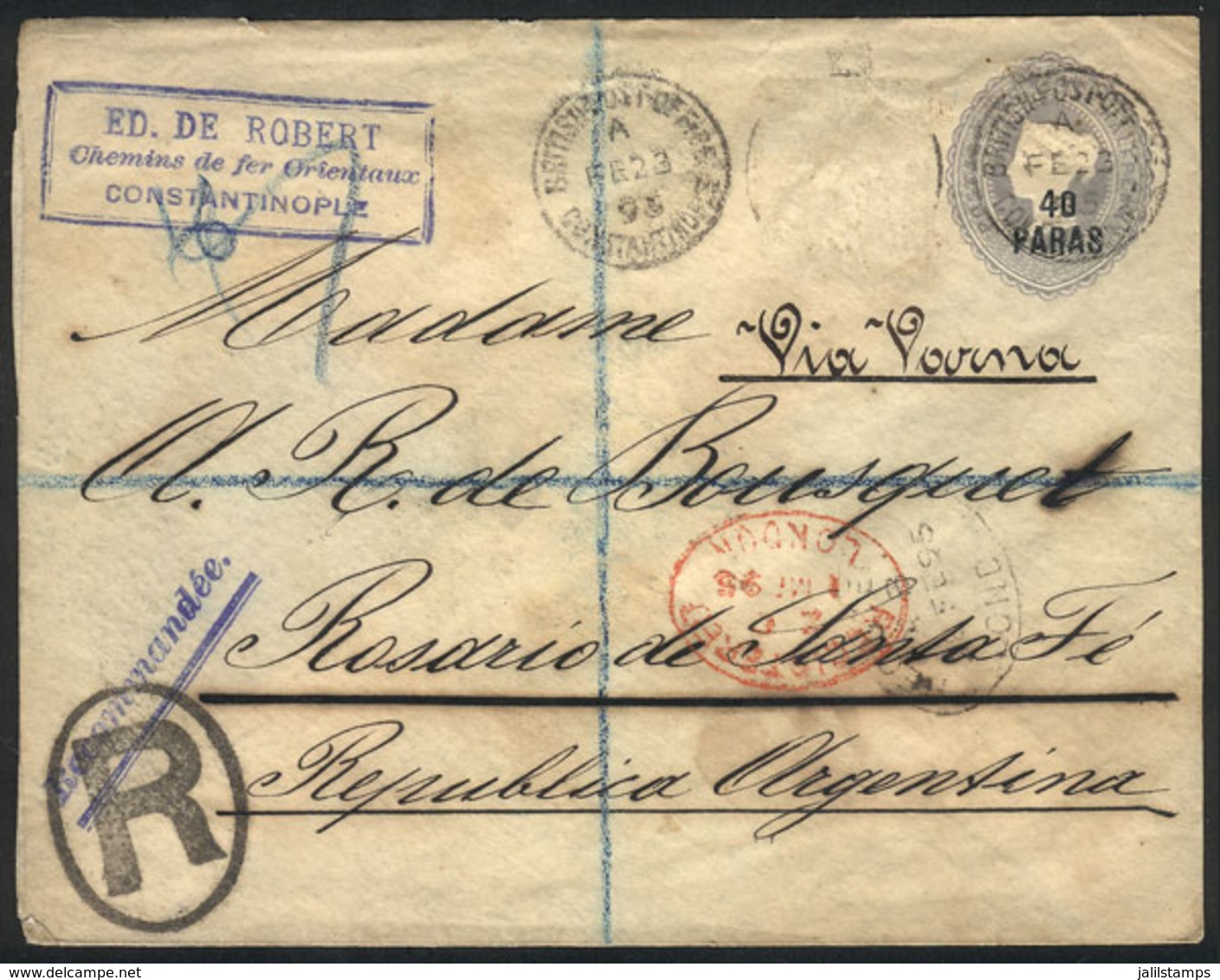 TURKEY: Stationery Envelope Surcharged 40pa. Of The British Offices In Constantinople, Sent To Argentina On 23/FE/1895.  - Other & Unclassified